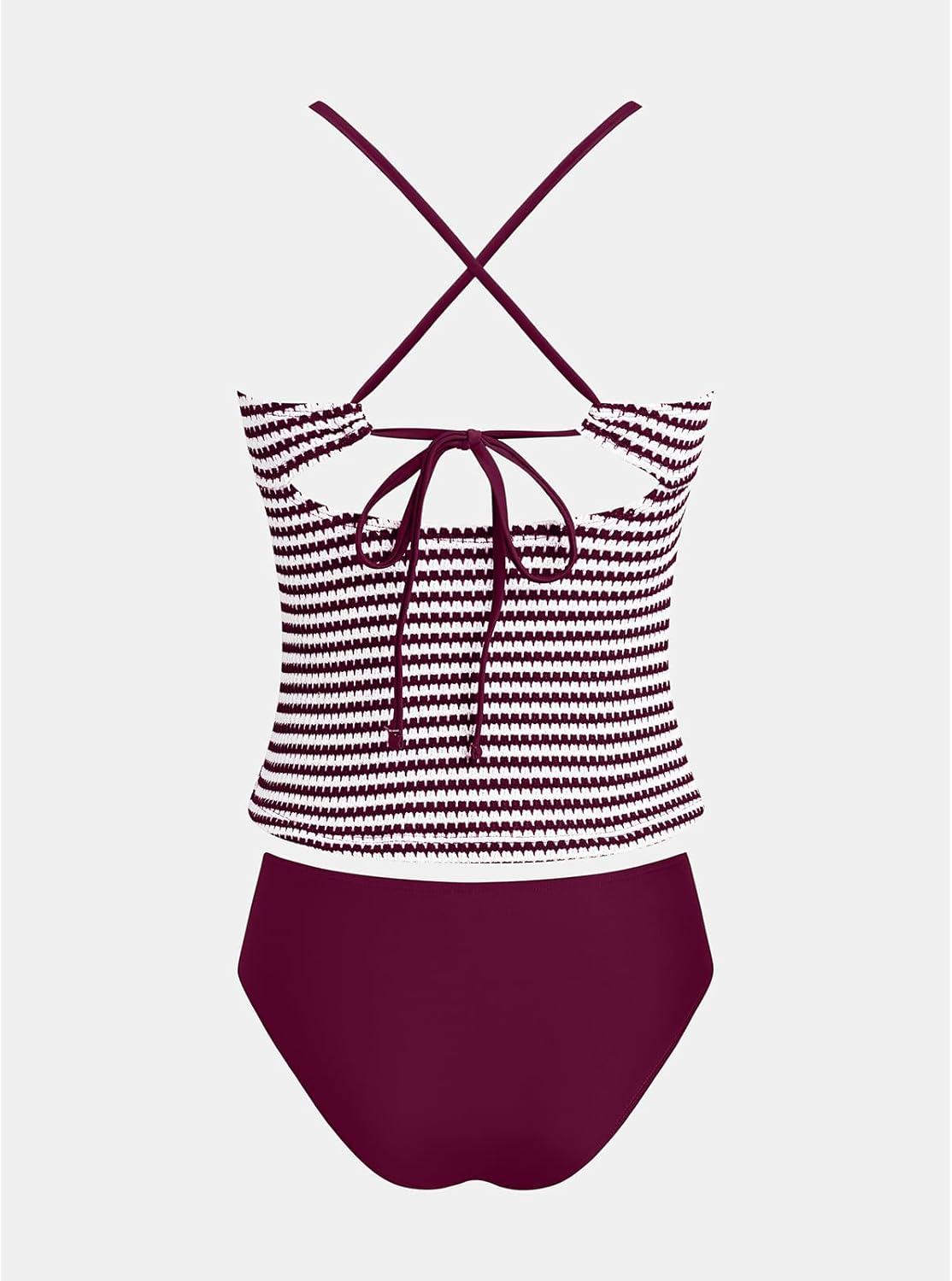 imageCUPSHE Womens Tankini Sets Two Piece Swimsuit Mid Rise Bathing Suit U Wire Crossback Tie Textured SwimwearBurgundy WineStriped
