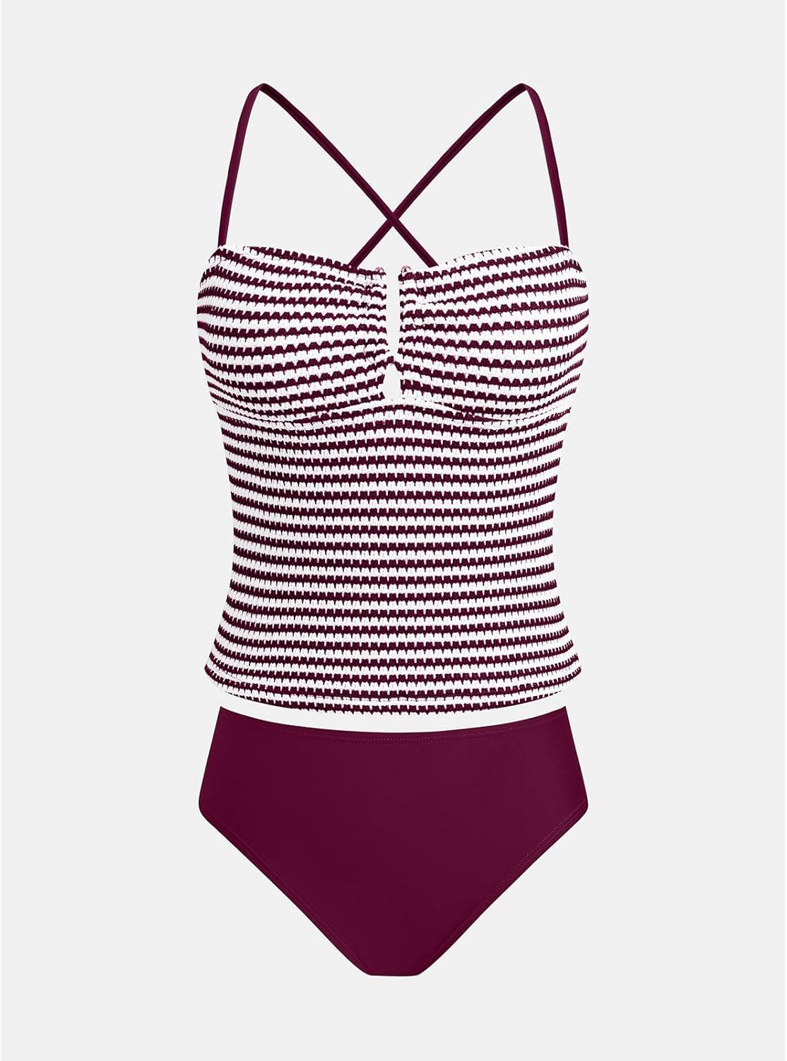 imageCUPSHE Womens Tankini Sets Two Piece Swimsuit Mid Rise Bathing Suit U Wire Crossback Tie Textured SwimwearBurgundy WineStriped
