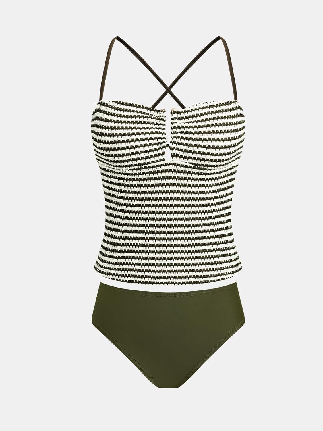 imageCUPSHE Womens Tankini Sets Two Piece Swimsuit Mid Rise Bathing Suit U Wire Crossback Tie Textured SwimwearOlive GreenStriped