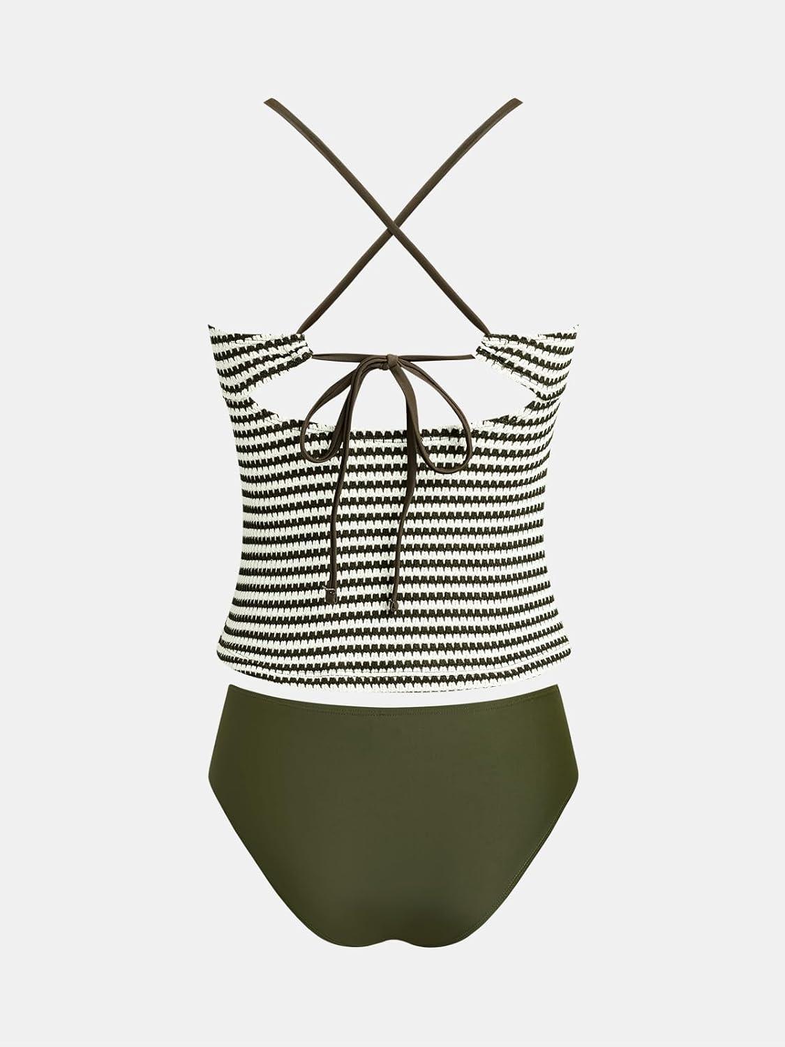 imageCUPSHE Womens Tankini Sets Two Piece Swimsuit Mid Rise Bathing Suit U Wire Crossback Tie Textured SwimwearOlive GreenStriped