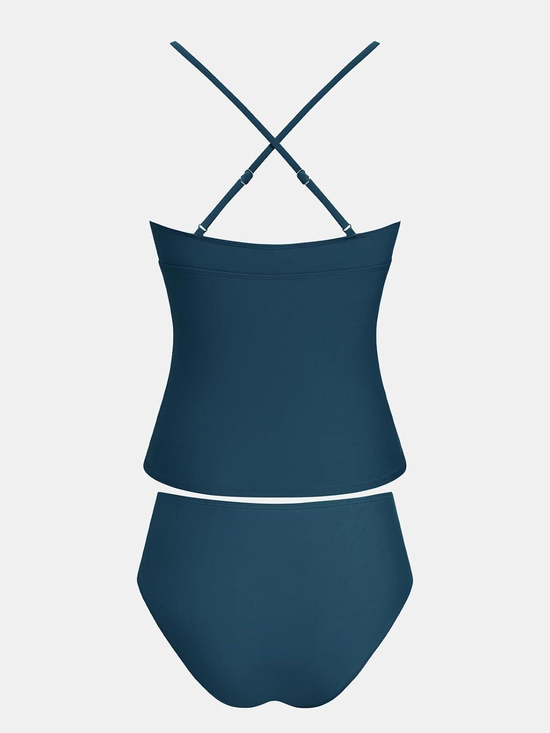 imageCUPSHE Womens Tankini Sets Two Piece Swimsuit Mid Rise Bathing Suit V Neck Ruched Mesh SwimwearNavy Blue