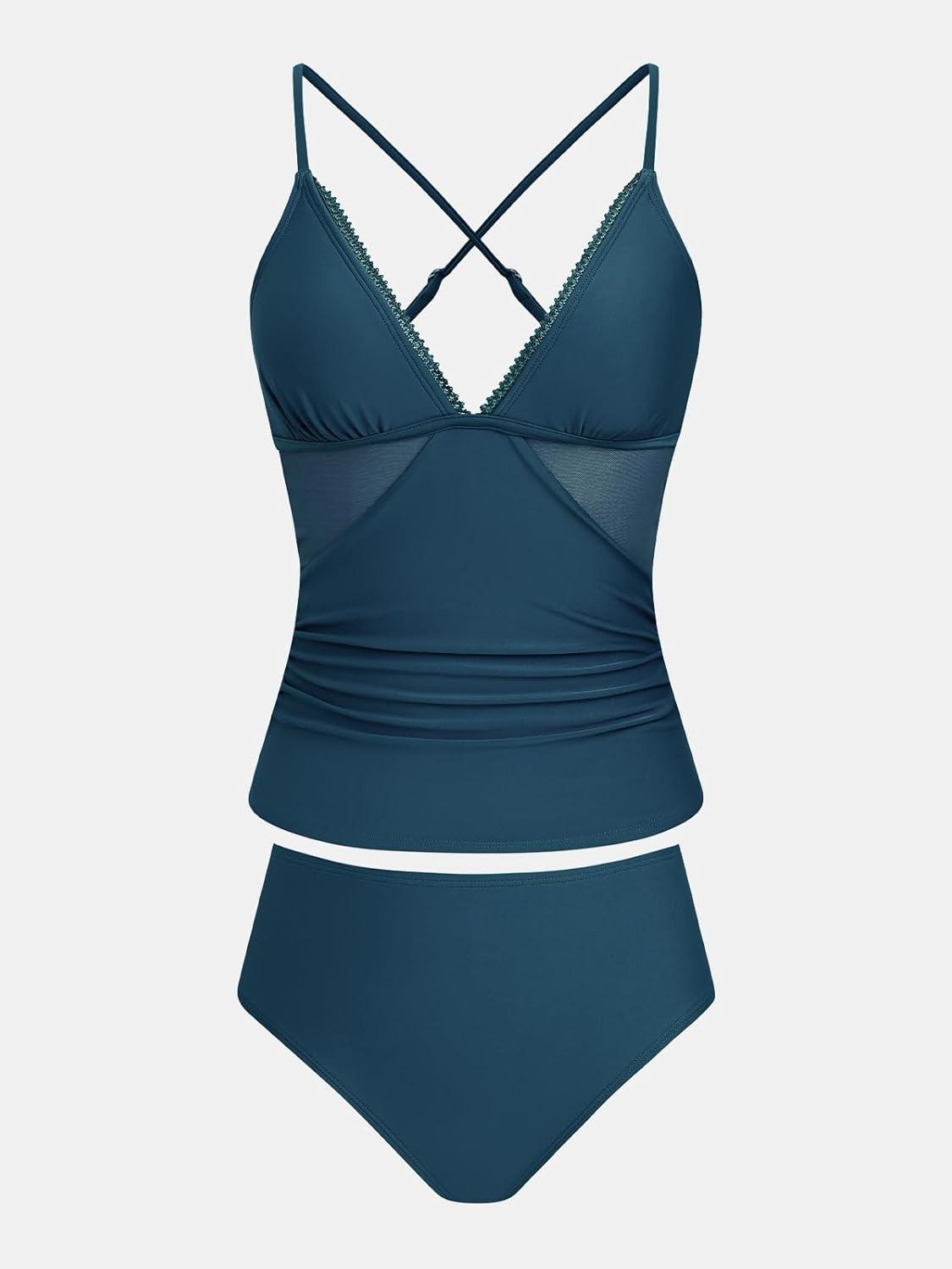 imageCUPSHE Womens Tankini Sets Two Piece Swimsuit Mid Rise Bathing Suit V Neck Ruched Mesh SwimwearNavy Blue