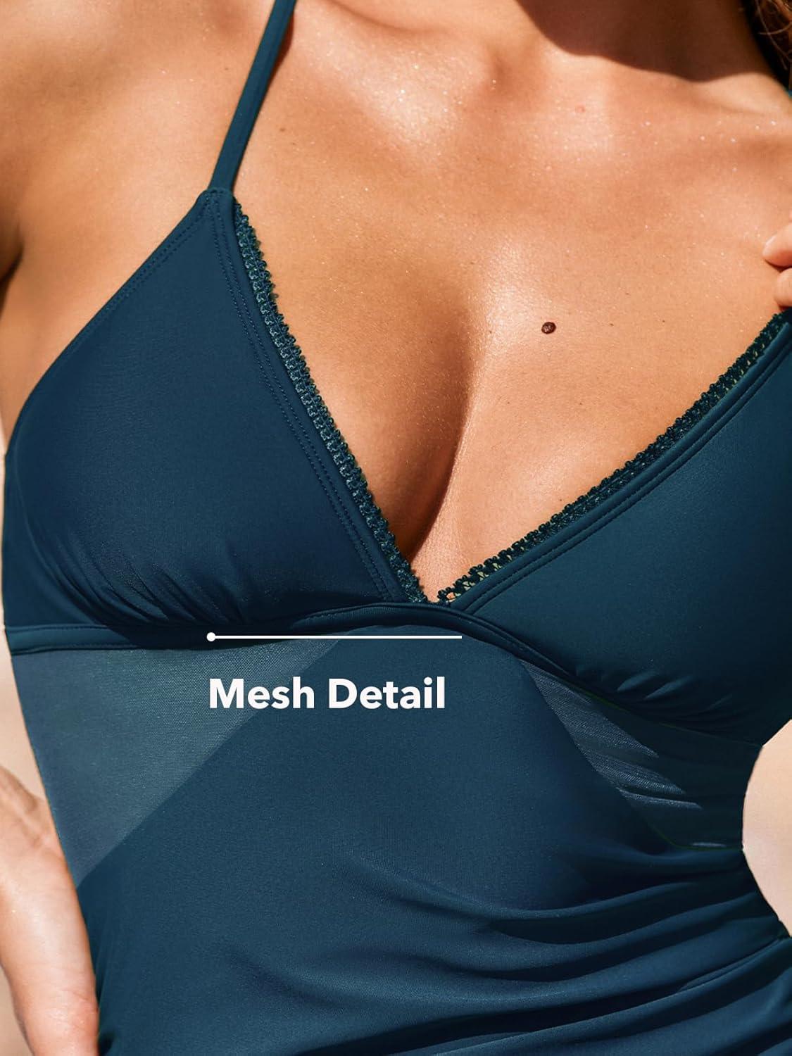 imageCUPSHE Womens Tankini Sets Two Piece Swimsuit Mid Rise Bathing Suit V Neck Ruched Mesh SwimwearNavy Blue
