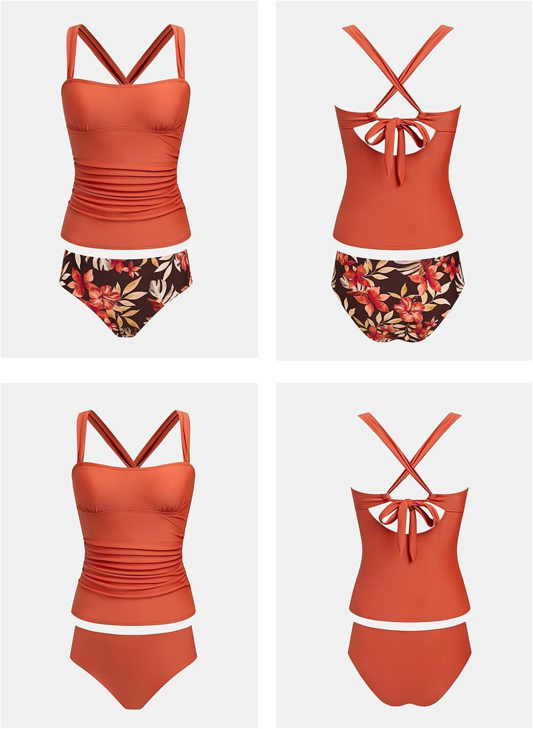 imageCUPSHE Womens Tankini Sets Two Piece Swimsuit Reversible Bottom Mid Rise Bathing Suit Ruched Crossback TieBrick RedFloral