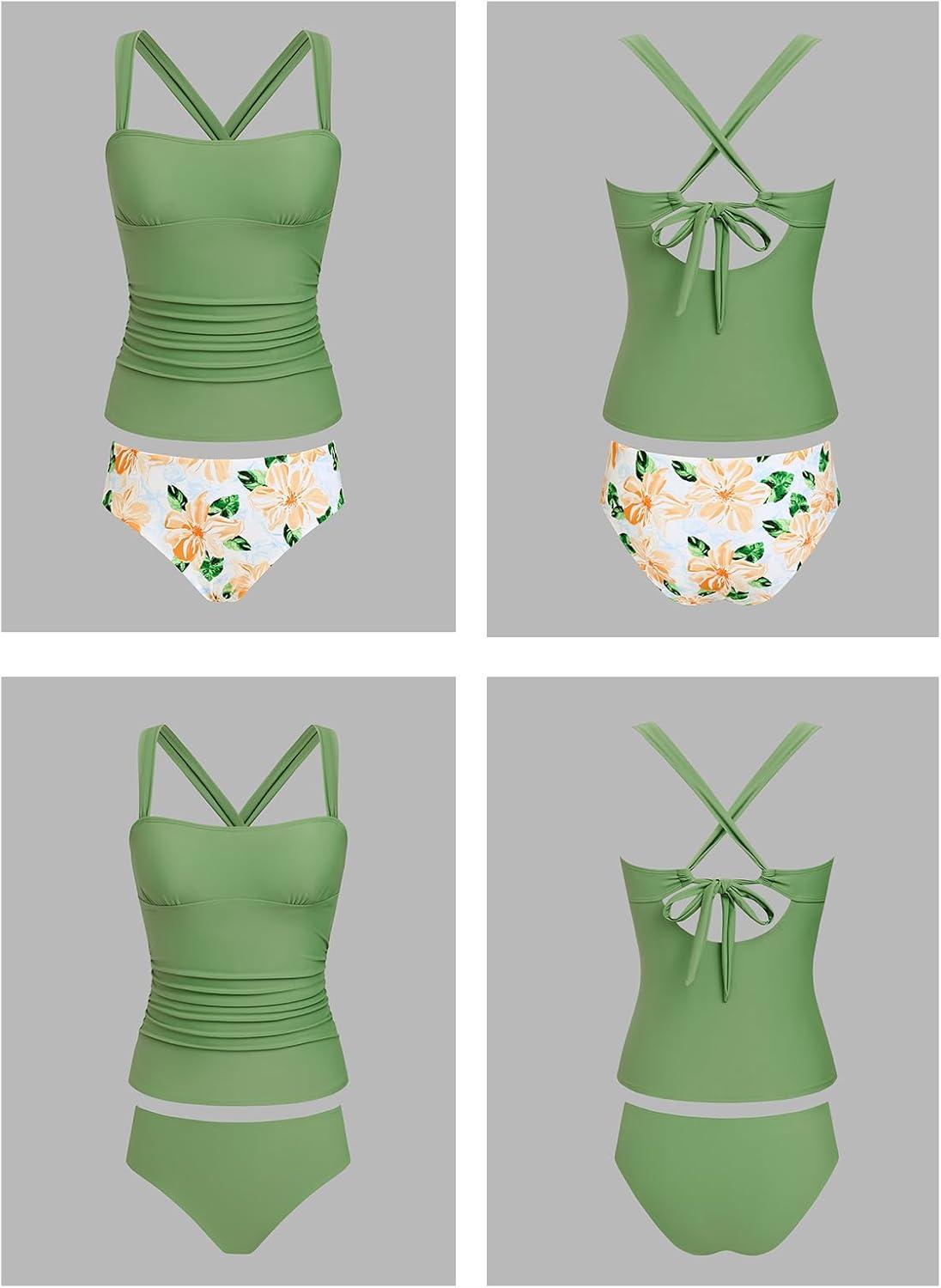 imageCUPSHE Womens Tankini Sets Two Piece Swimsuit Reversible Bottom Mid Rise Bathing Suit Ruched Crossback TieSage GreenFloral
