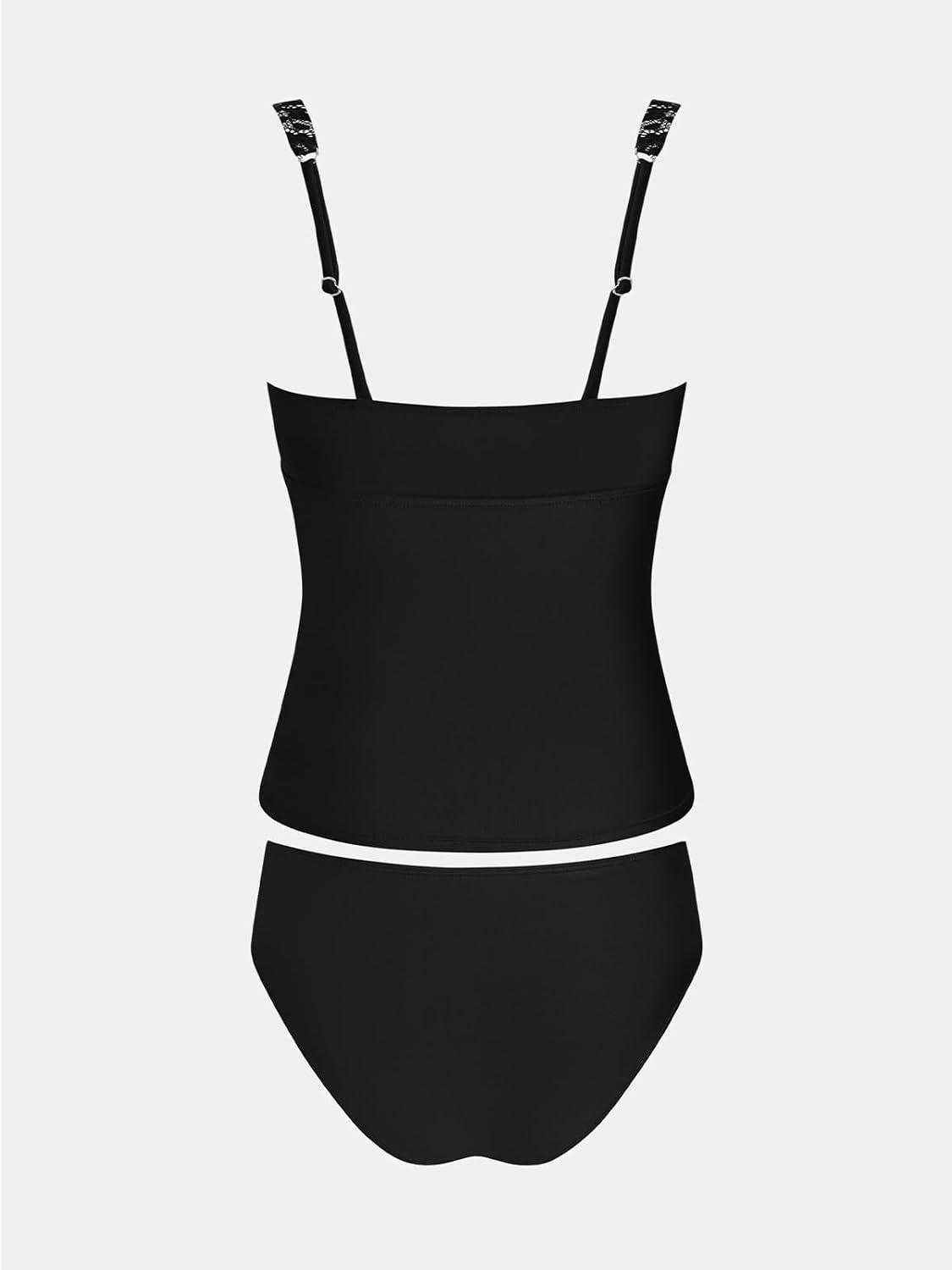 imageCUPSHE Womens Tankini Sets Two Piece Swimsuit Ruched Tummy Control Bathing Suit Mid Rise V Neck LaceBlack