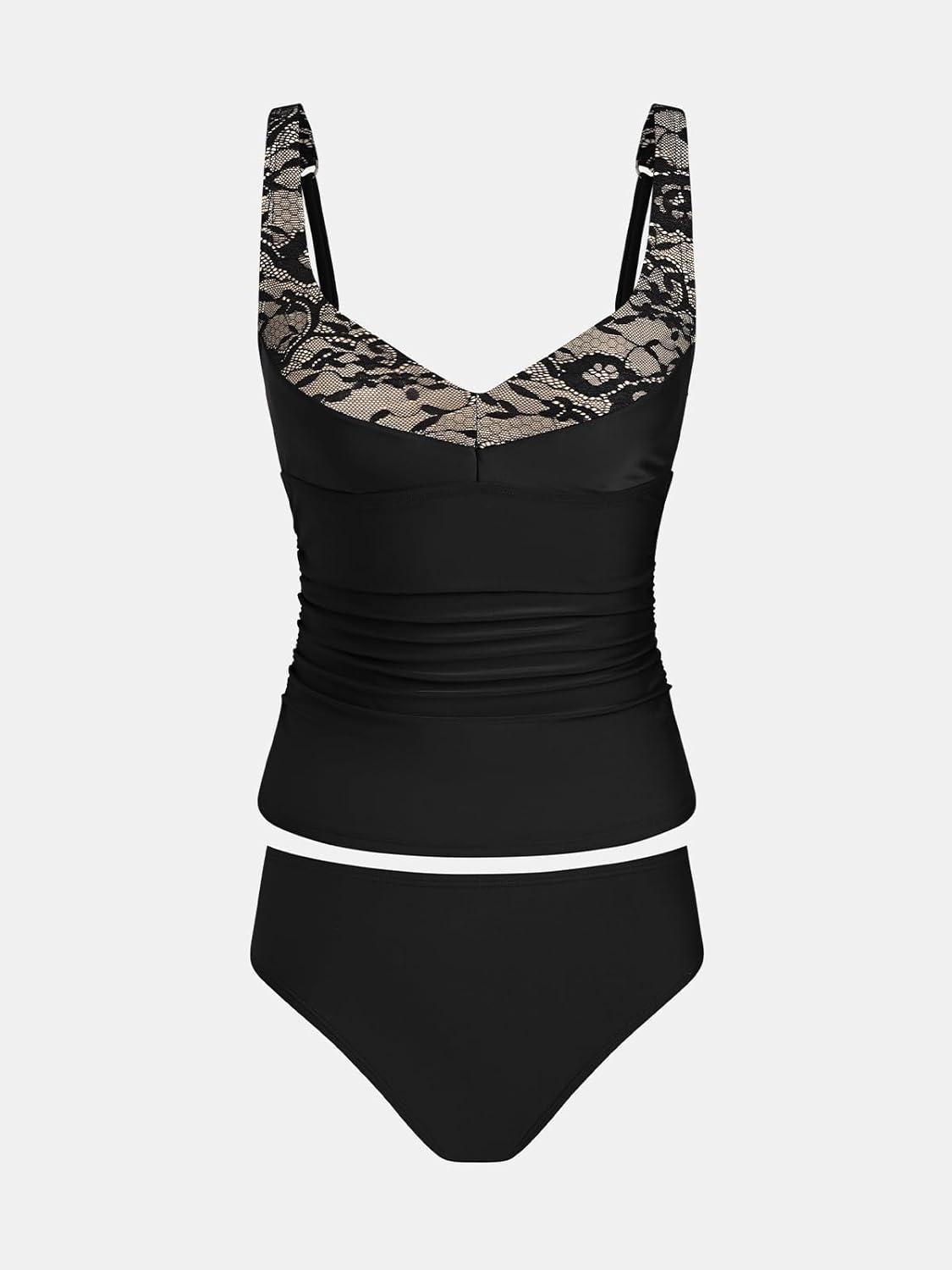 imageCUPSHE Womens Tankini Sets Two Piece Swimsuit Ruched Tummy Control Bathing Suit Mid Rise V Neck LaceBlack