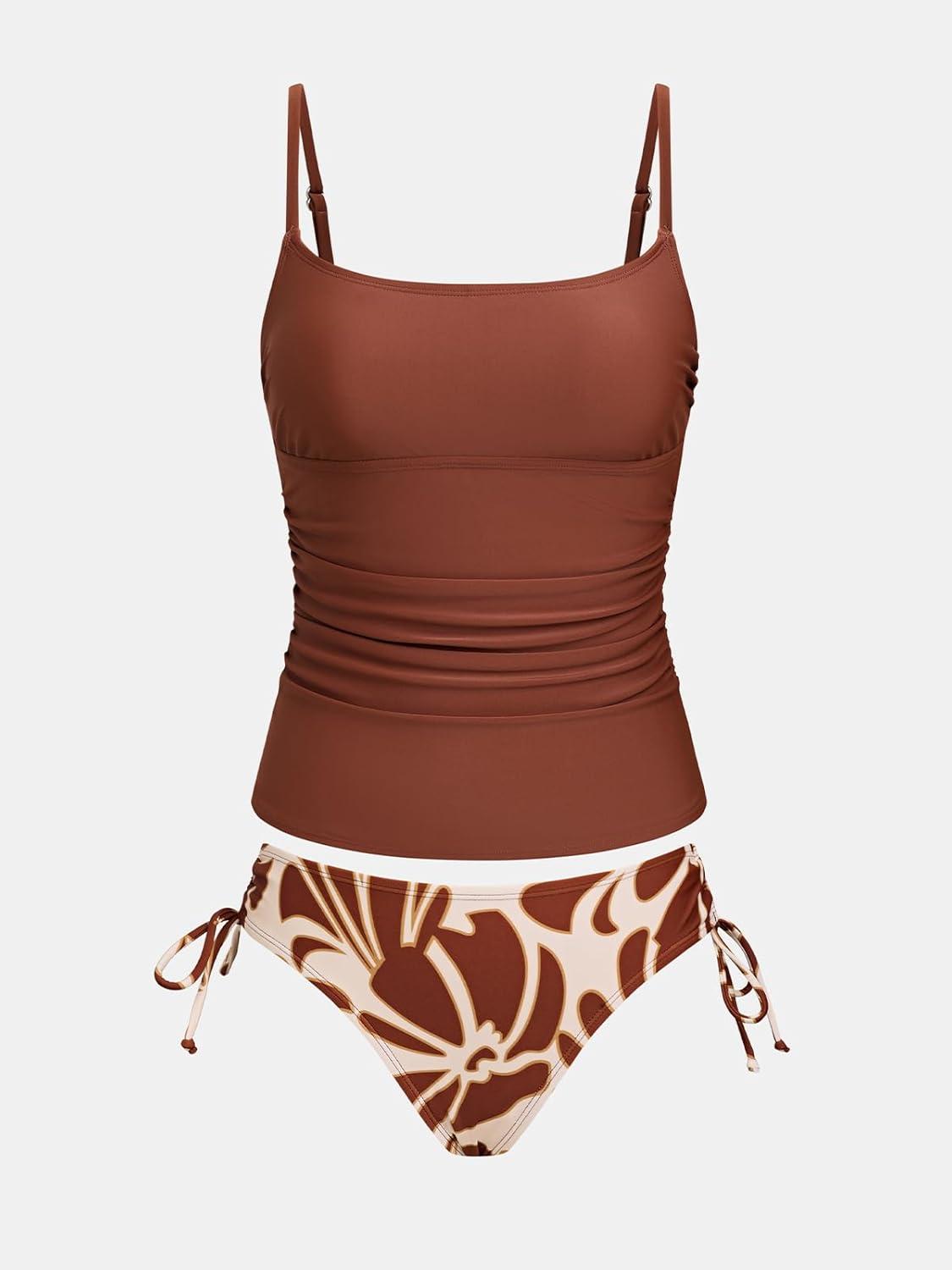 imageCUPSHE Womens Tankini Sets Two Piece Swimsuit Scoop Neck Ruched Adjustable Straps Drawstring Mid RiseMaroon RedFloral
