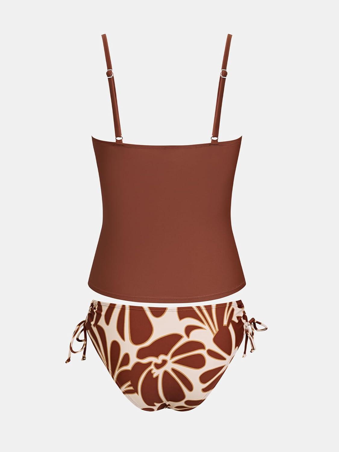 imageCUPSHE Womens Tankini Sets Two Piece Swimsuit Scoop Neck Ruched Adjustable Straps Drawstring Mid RiseMaroon RedFloral
