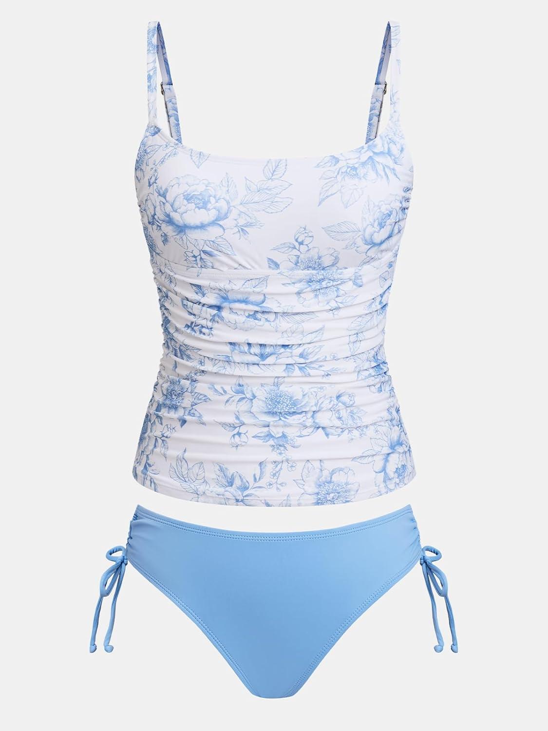 imageCUPSHE Womens Tankini Sets Two Piece Swimsuit Scoop Neck Ruched Adjustable Straps Drawstring Mid RiseSky BlueFloral