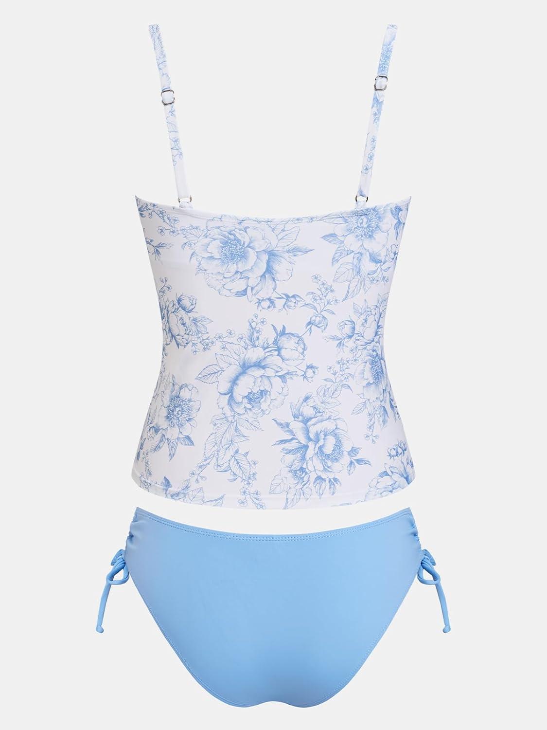 imageCUPSHE Womens Tankini Sets Two Piece Swimsuit Scoop Neck Ruched Adjustable Straps Drawstring Mid RiseSky BlueFloral