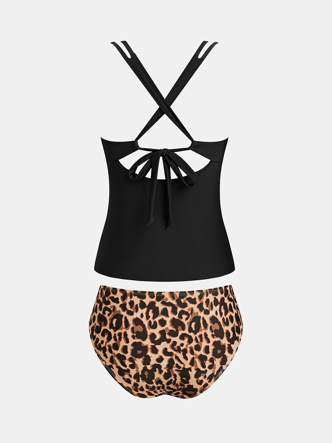 imageCUPSHE Womens Tankini Sets Two Piece Swimsuit Scoop Neck V Cut Double Straps Self Tied Bathing Suit Ruched TummyBlackBrown Leopard