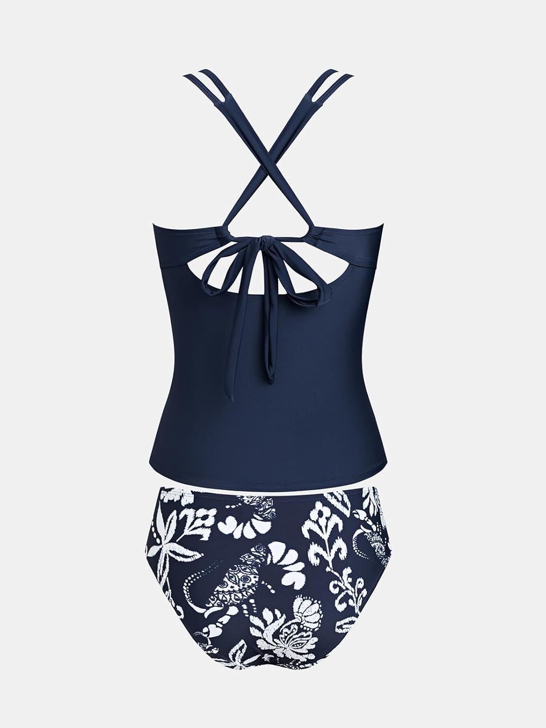 imageCUPSHE Womens Tankini Sets Two Piece Swimsuit Scoop Neck V Cut Double Straps Self Tied Bathing Suit Ruched TummyNavy BlueFloral