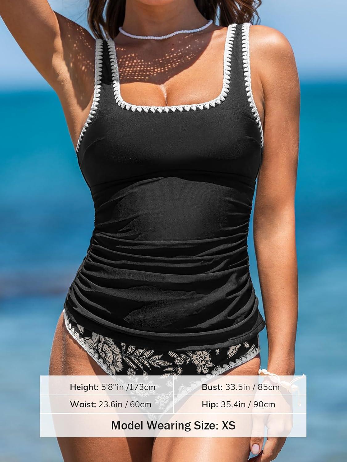 imageCUPSHE Womens Tankini Sets Two Piece Swimsuit Square Neck Stitching Bathing Suit Ruching Adjustable Wide StrapsBlackWhite Floral