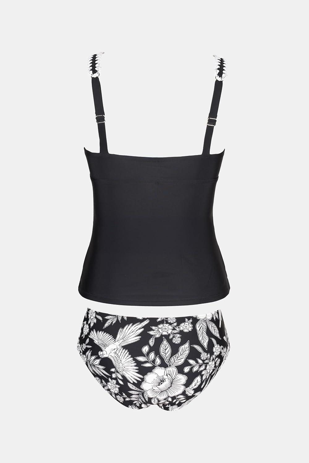 imageCUPSHE Womens Tankini Sets Two Piece Swimsuit Square Neck Stitching Bathing Suit Ruching Adjustable Wide StrapsBlackWhite Floral