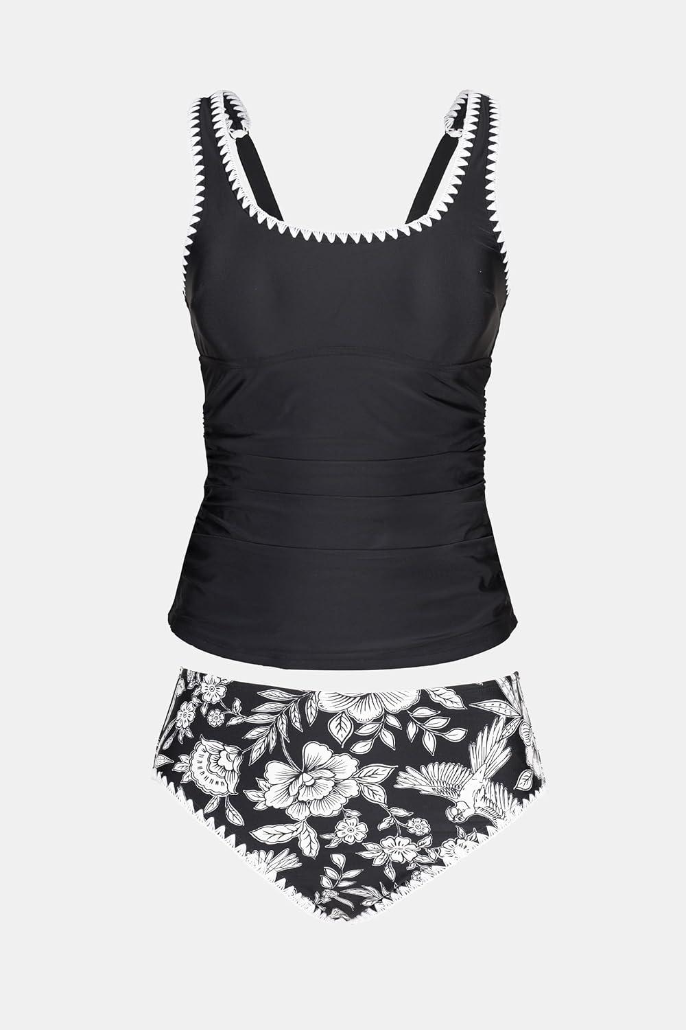 imageCUPSHE Womens Tankini Sets Two Piece Swimsuit Square Neck Stitching Bathing Suit Ruching Adjustable Wide StrapsBlackWhite Floral