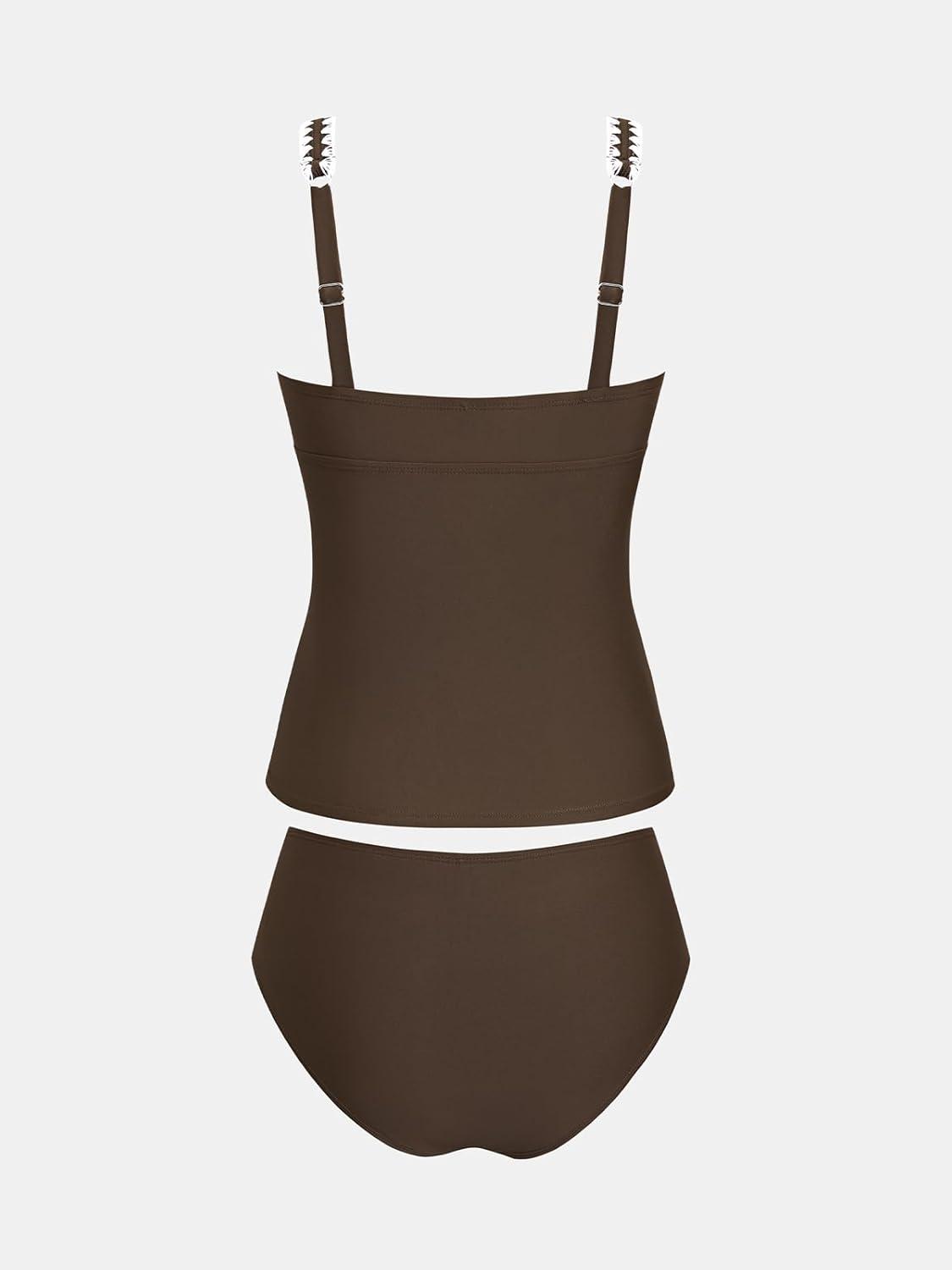 imageCUPSHE Womens Tankini Sets Two Piece Swimsuit Square Neck Stitching Bathing Suit Ruching Adjustable Wide StrapsBrown