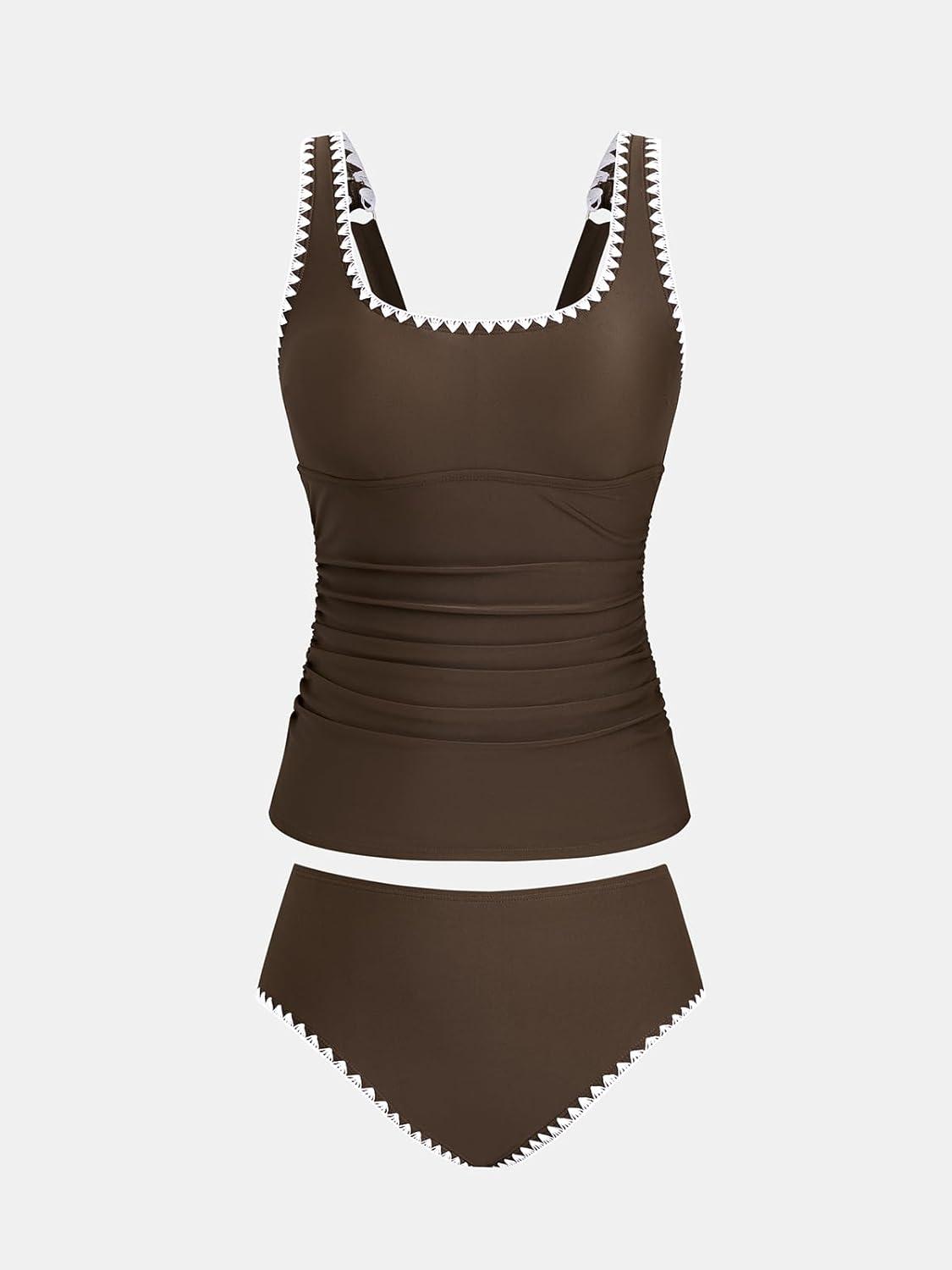 imageCUPSHE Womens Tankini Sets Two Piece Swimsuit Square Neck Stitching Bathing Suit Ruching Adjustable Wide StrapsBrown