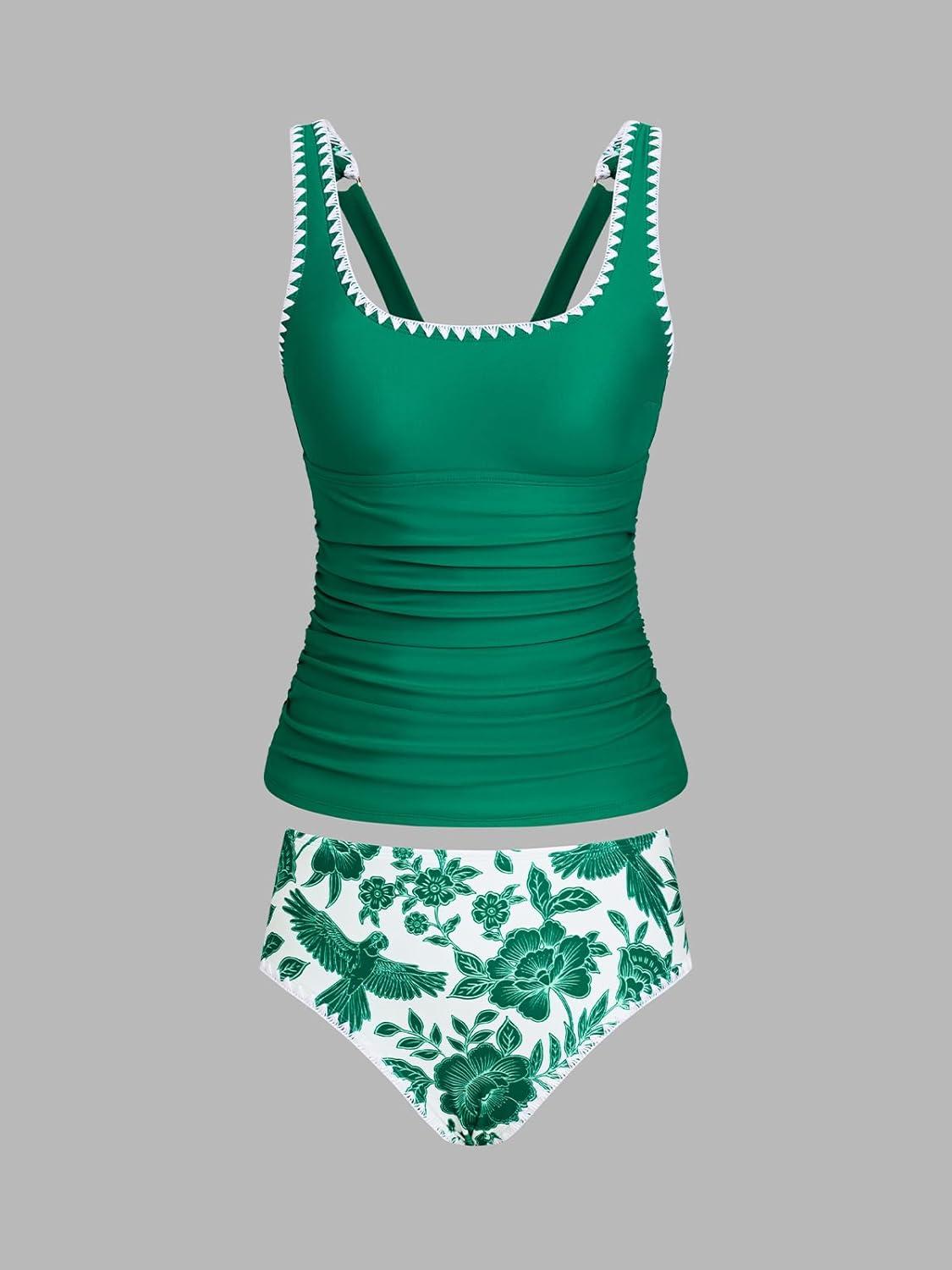 imageCUPSHE Womens Tankini Sets Two Piece Swimsuit Square Neck Stitching Bathing Suit Ruching Adjustable Wide StrapsEmerald Green