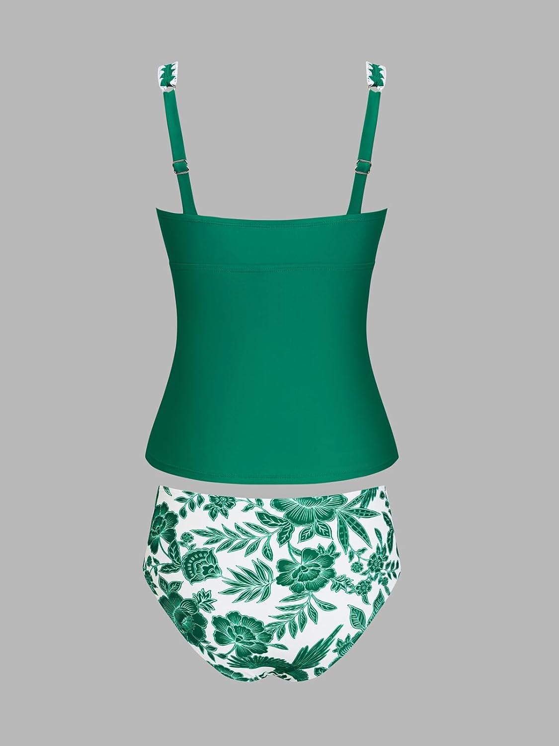 imageCUPSHE Womens Tankini Sets Two Piece Swimsuit Square Neck Stitching Bathing Suit Ruching Adjustable Wide StrapsEmerald Green