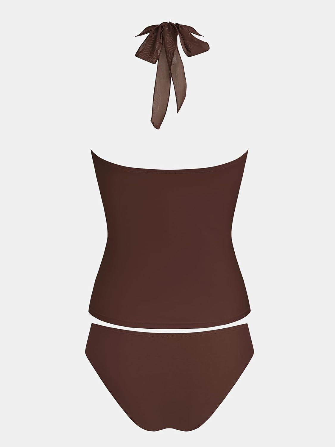 imageCUPSHE Womens Tankini Sets Two Piece Swimsuit U Wire Mesh Bathing Suit Halter Strap Mid Rise Ruched SwimwearBrown