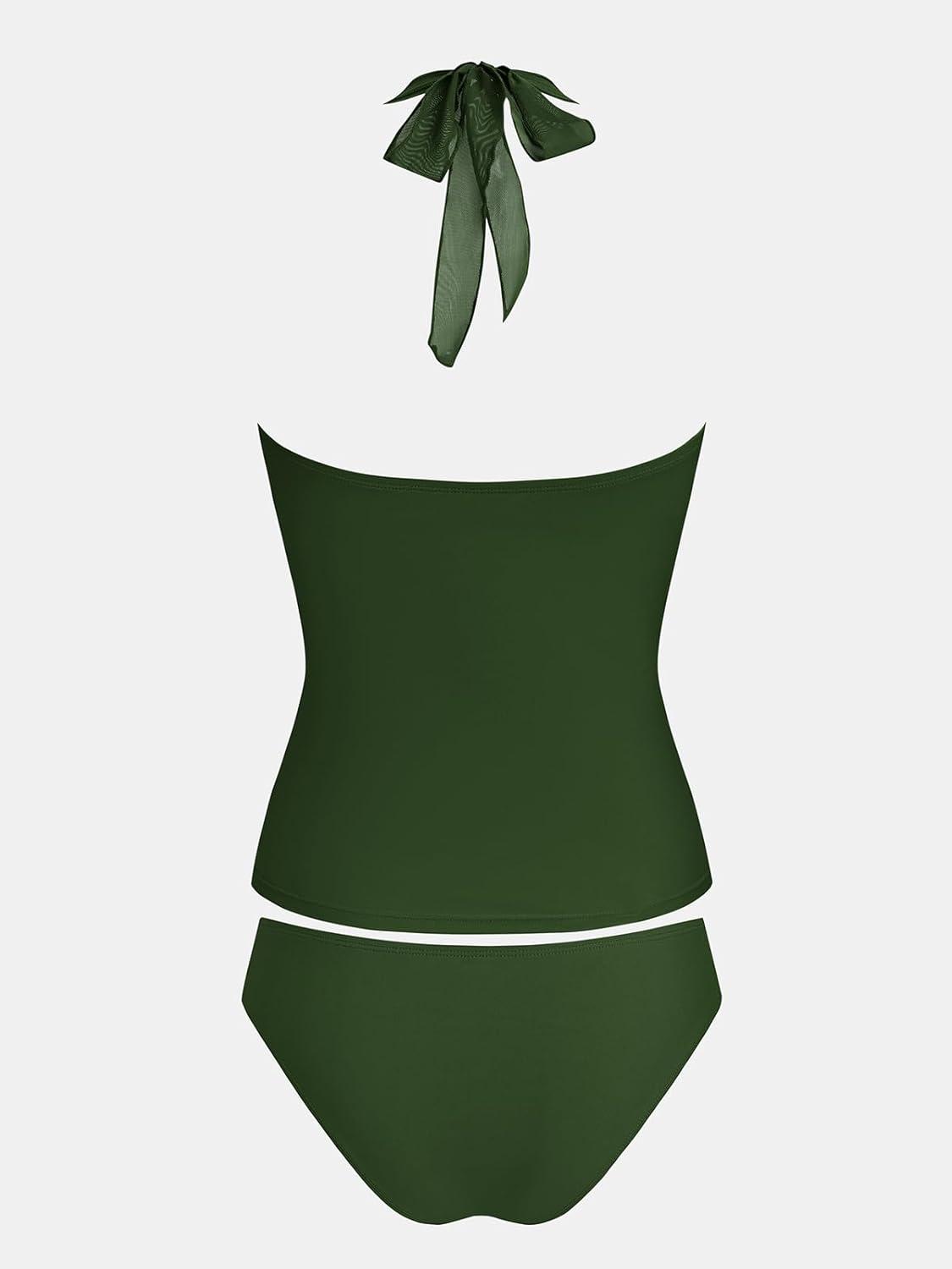 imageCUPSHE Womens Tankini Sets Two Piece Swimsuit U Wire Mesh Bathing Suit Halter Strap Mid Rise Ruched SwimwearGreen