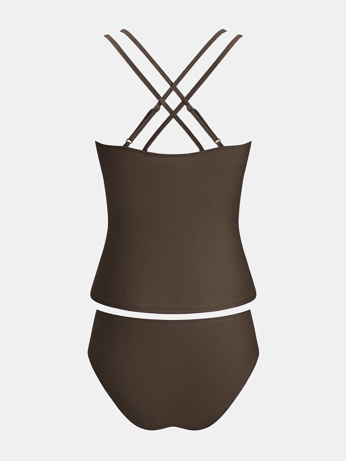 imageCUPSHE Womens Tankini Sets Two Piece Swimsuit V Neck Crisscross Adjustable Double Straps Ruched Mid RiseChocolate Brown