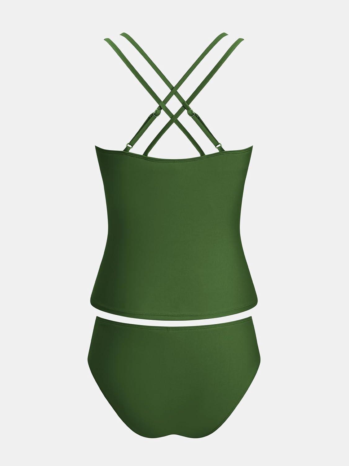 imageCUPSHE Womens Tankini Sets Two Piece Swimsuit V Neck Crisscross Adjustable Double Straps Ruched Mid RiseForest Green