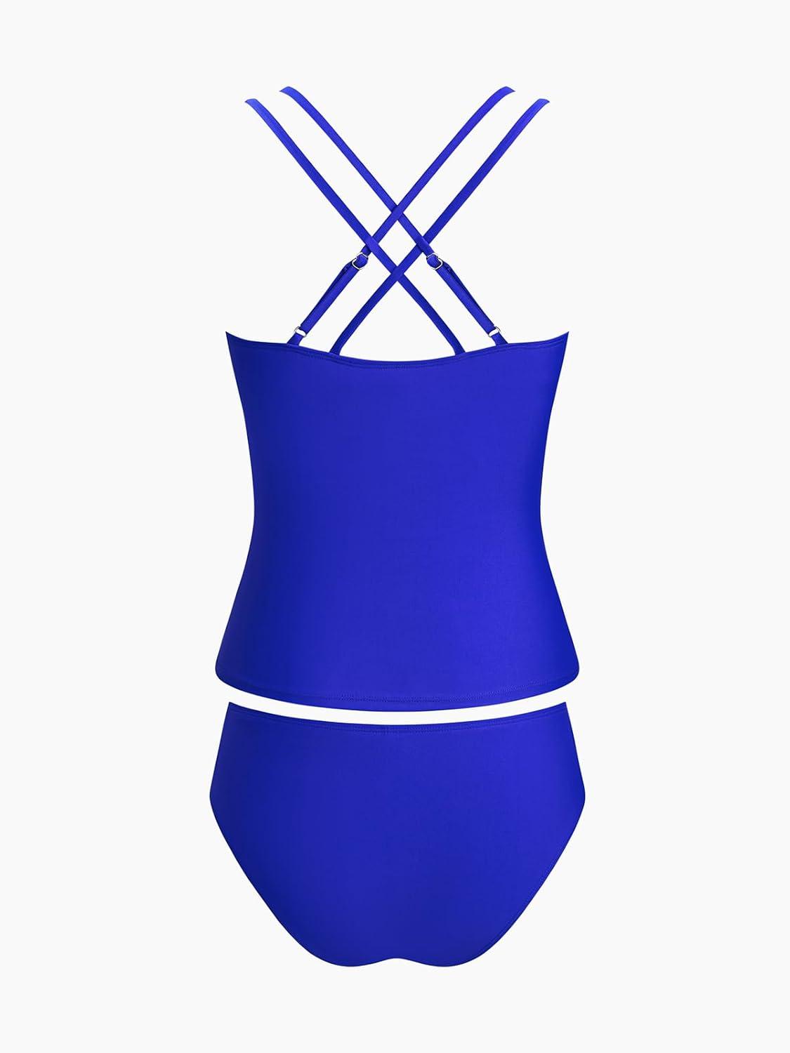imageCUPSHE Womens Tankini Sets Two Piece Swimsuit V Neck Crisscross Adjustable Double Straps Ruched Mid RiseRoyal Blue