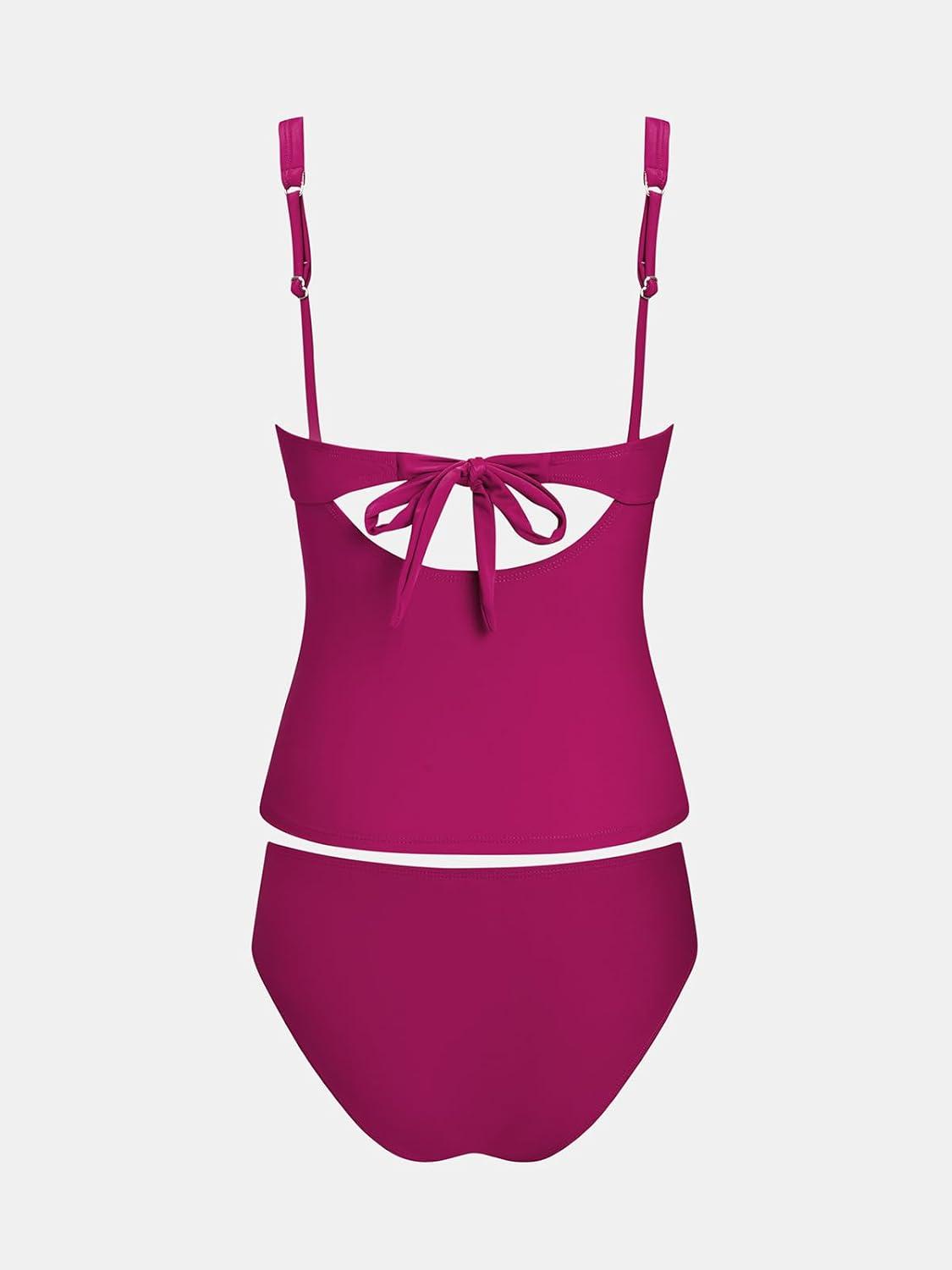 imageCUPSHE Womens Tankini Sets V Neck Lace Trim Two Piece Swimsuit Adjustable Straps Self Tie Swimwear RuchingWine Red