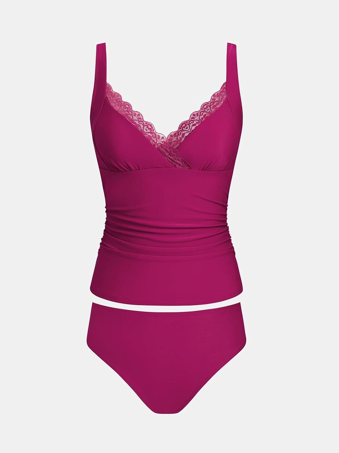 imageCUPSHE Womens Tankini Sets V Neck Lace Trim Two Piece Swimsuit Adjustable Straps Self Tie Swimwear RuchingWine Red