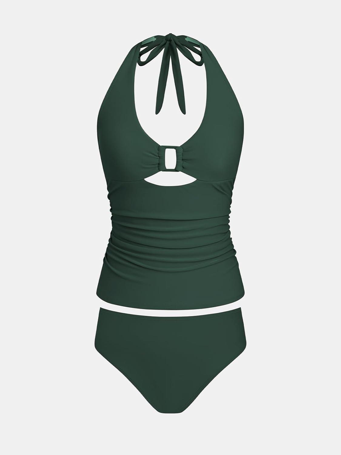 imageCUPSHE Womens Tankini Sets V Neck Two Piece Cutout Tummy Control Halter Bathing SuitsDark Green
