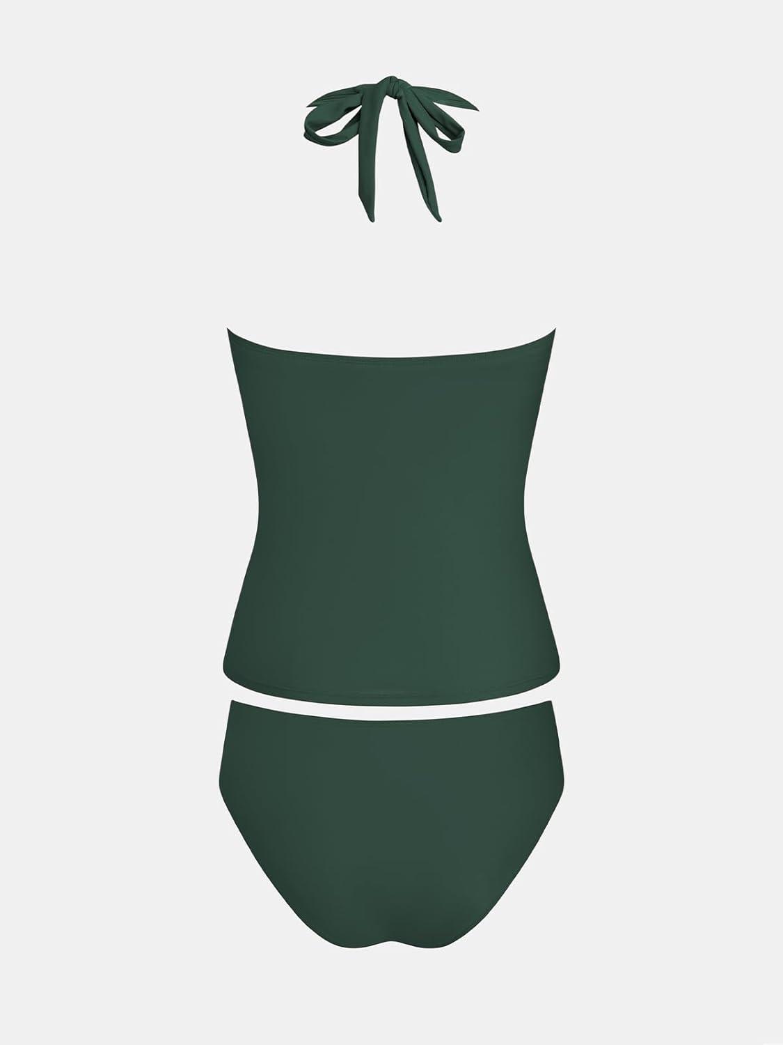 imageCUPSHE Womens Tankini Sets V Neck Two Piece Cutout Tummy Control Halter Bathing SuitsDark Green