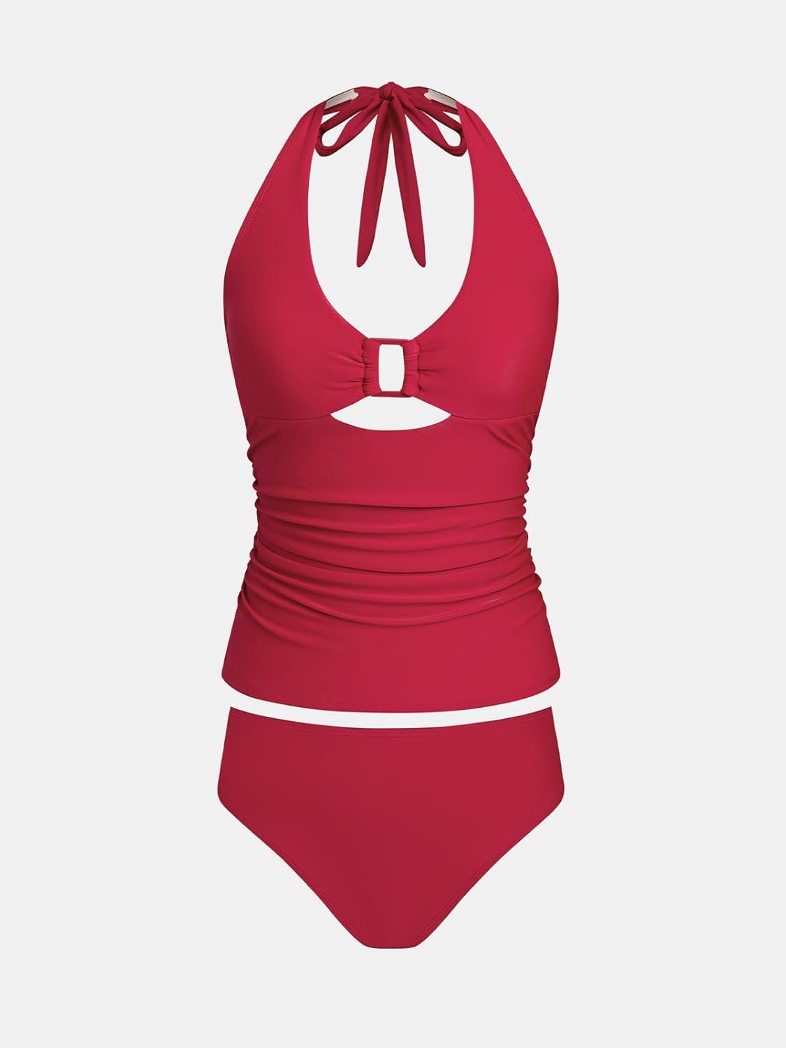 imageCUPSHE Womens Tankini Sets V Neck Two Piece Cutout Tummy Control Halter Bathing SuitsRuby Blue