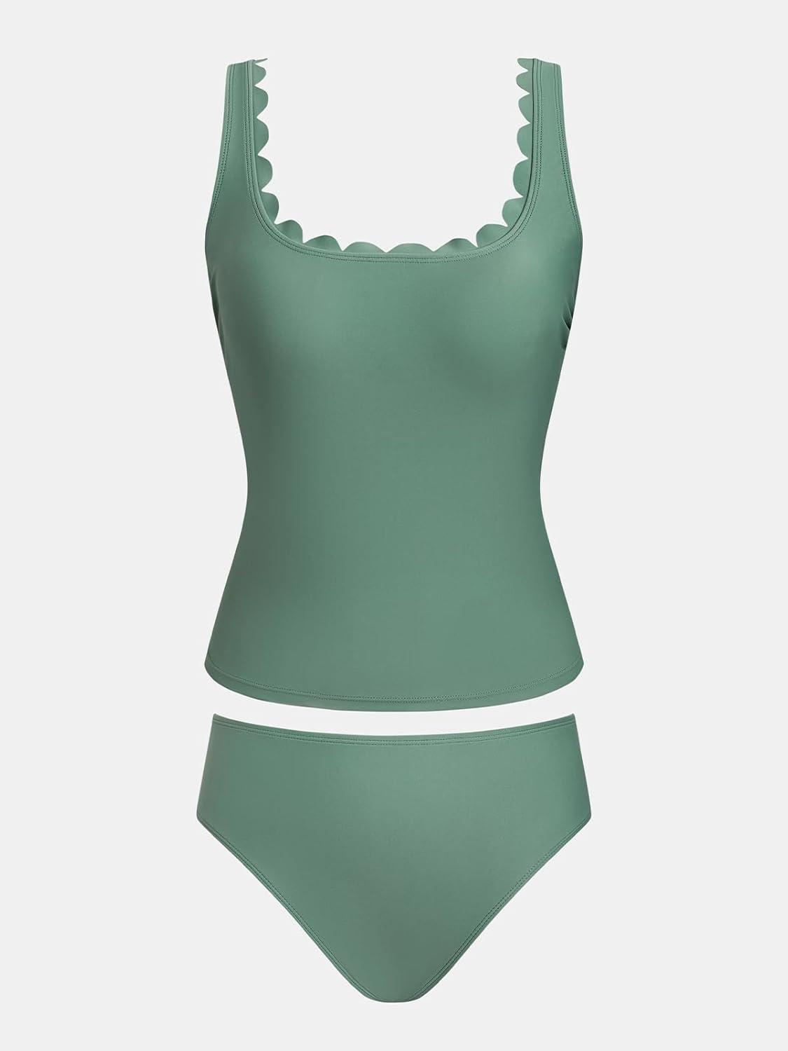 imageCUPSHE Womens Tankini Swimsuit Scalloped Scoop Neck Bathing Suit Cutout Back Hook Mid RiseSage Green