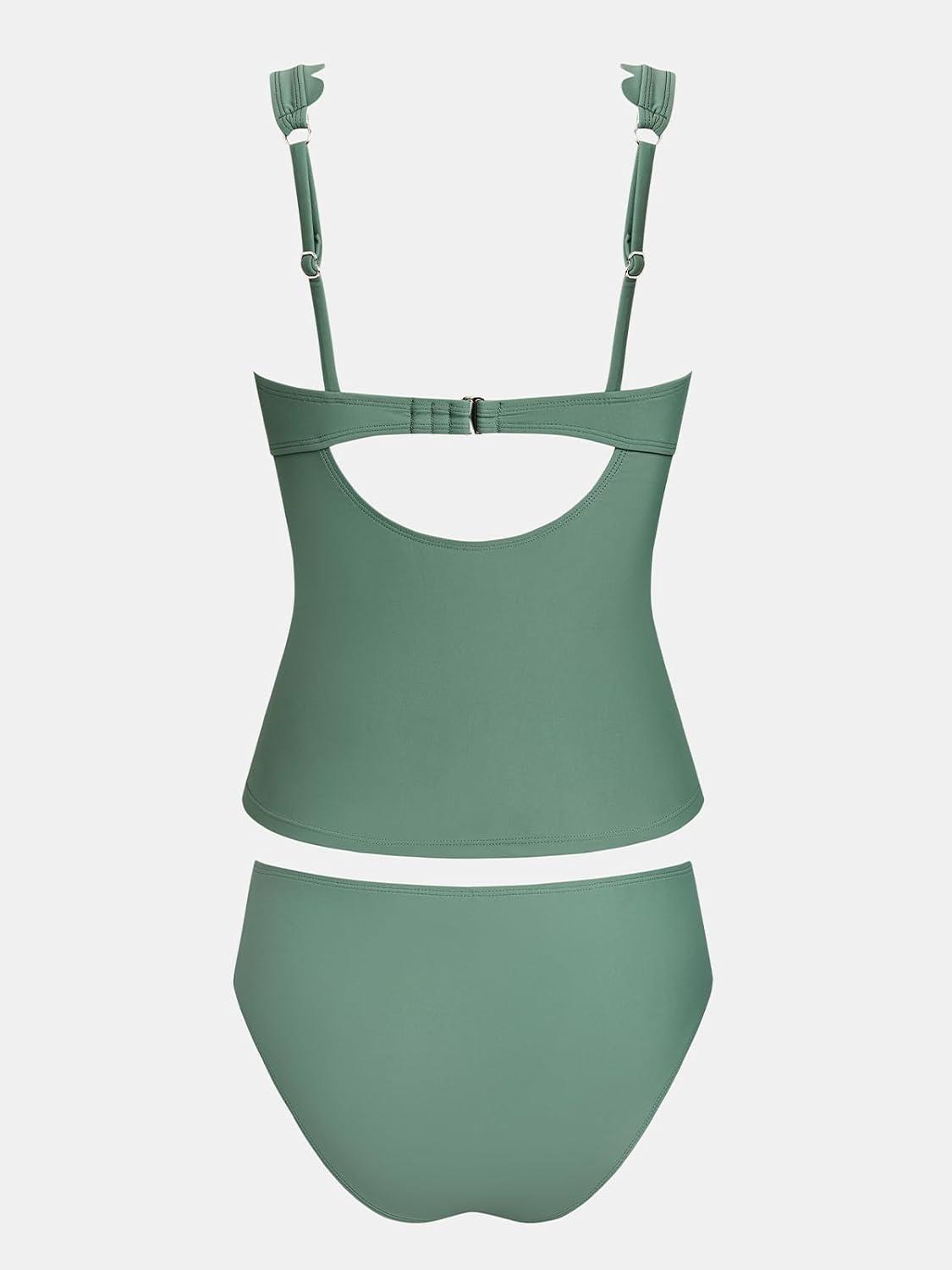 imageCUPSHE Womens Tankini Swimsuit Scalloped Scoop Neck Bathing Suit Cutout Back Hook Mid RiseSage Green
