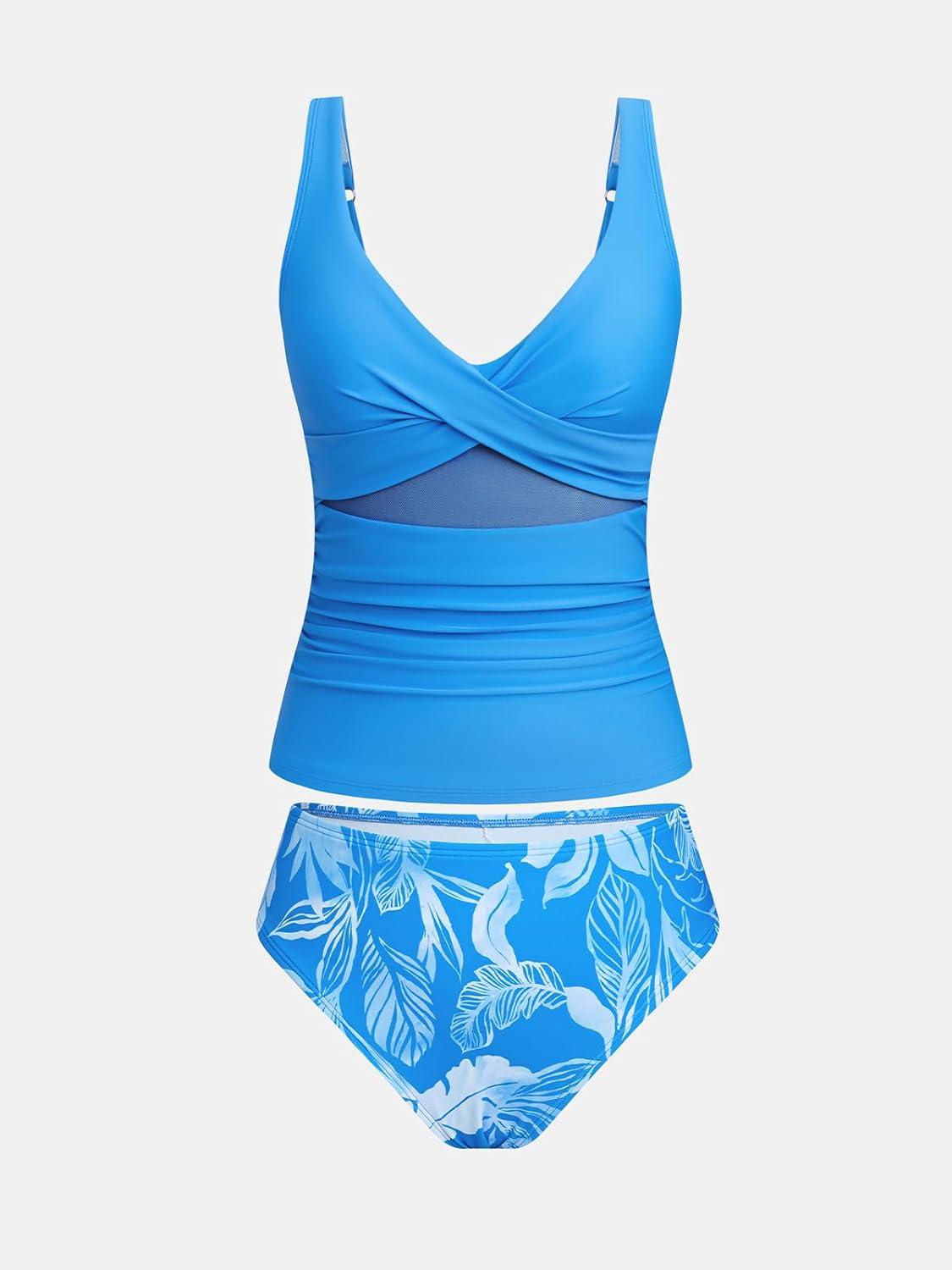 imageCUPSHE Womens Tankini Swimsuit V Neck Bathing Suit Adjustable Straps Mesh Cutout Back Self Tie Swimwear RuchingAzure BlueFloral