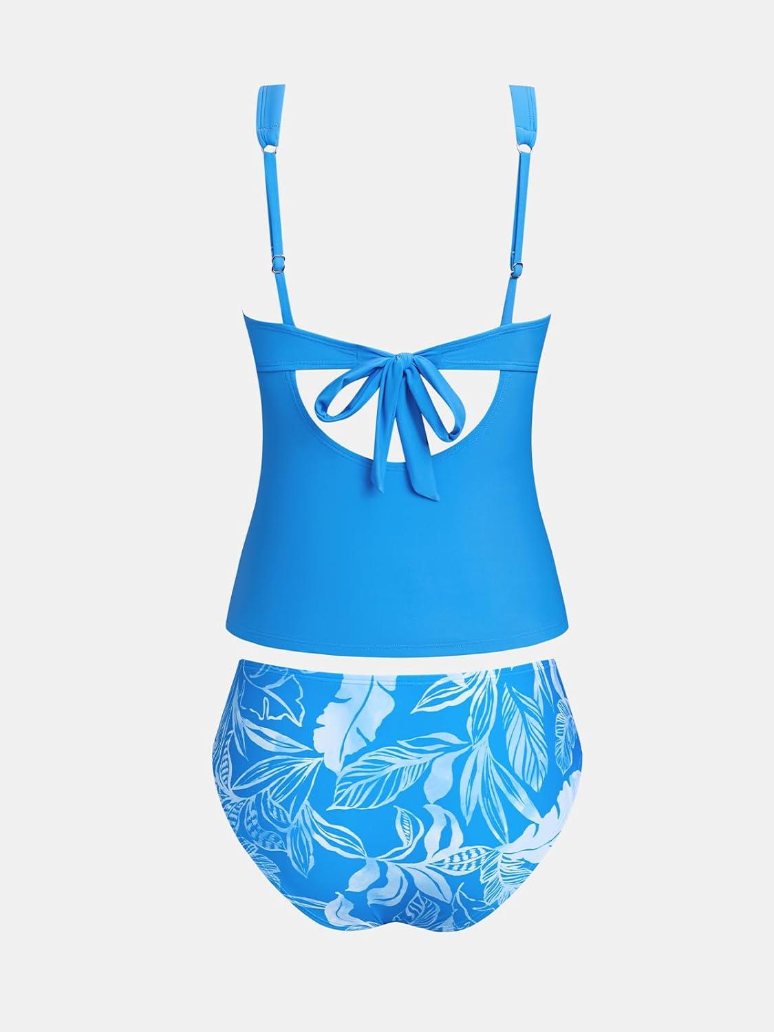 imageCUPSHE Womens Tankini Swimsuit V Neck Bathing Suit Adjustable Straps Mesh Cutout Back Self Tie Swimwear RuchingAzure BlueFloral