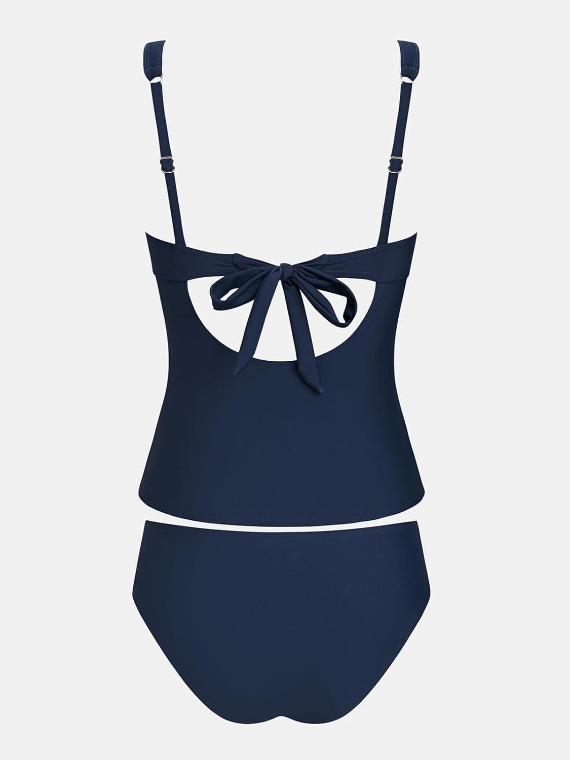 imageCUPSHE Womens Tankini Swimsuit V Neck Bathing Suit Adjustable Straps Mesh Cutout Back Self Tie Swimwear RuchingNavy Blue