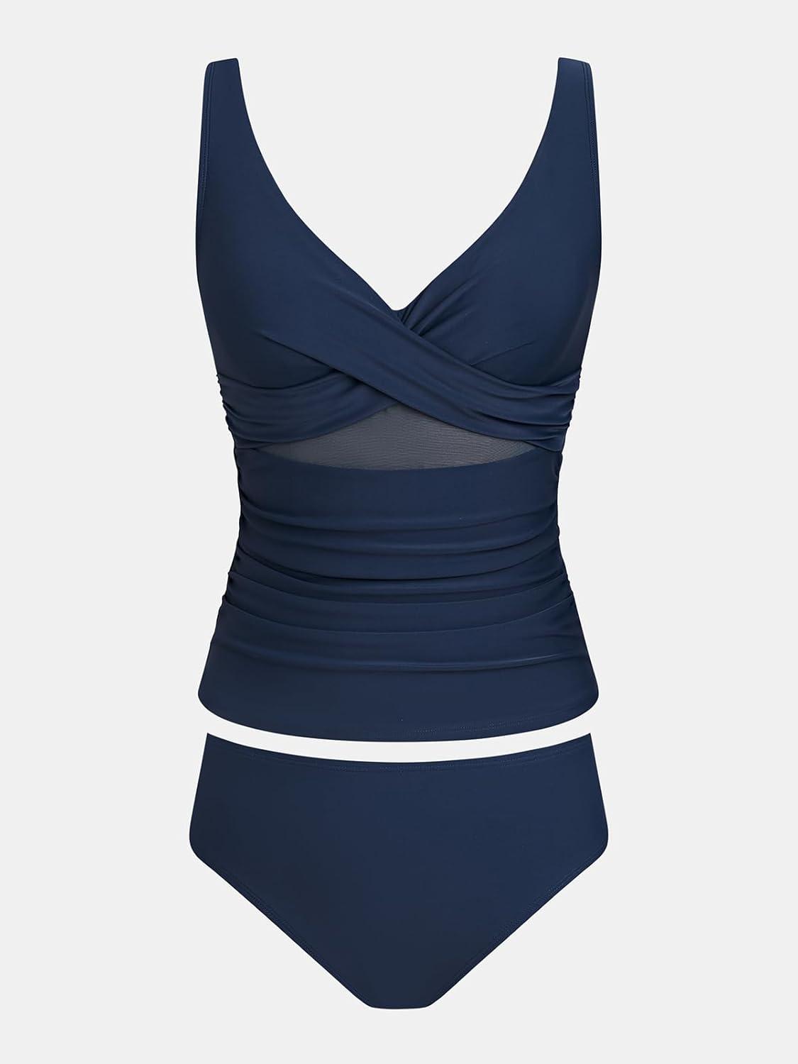 imageCUPSHE Womens Tankini Swimsuit V Neck Bathing Suit Adjustable Straps Mesh Cutout Back Self Tie Swimwear RuchingNavy Blue