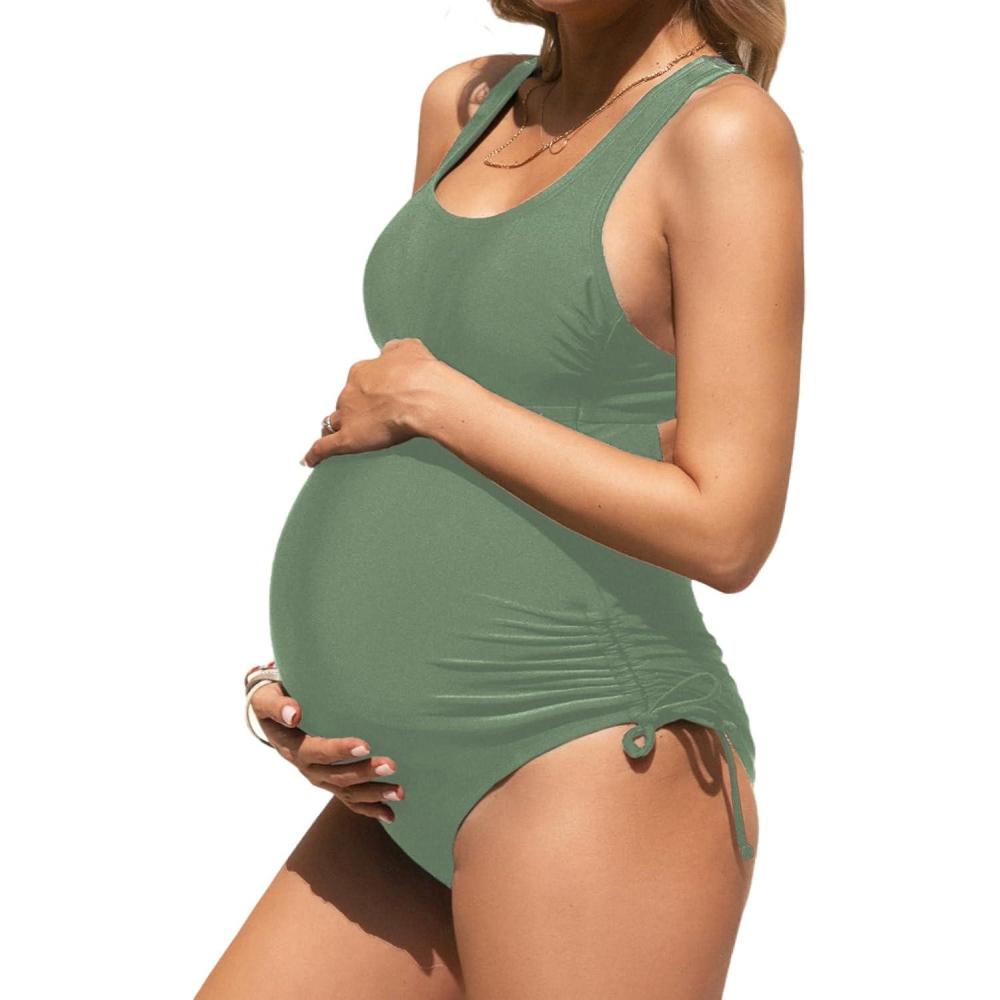 imageCUPSHE Women Maternity Swimsuit One Piece Crisscross Self Tie Back Strappy Side Square Neck Bathing SuitSage Green