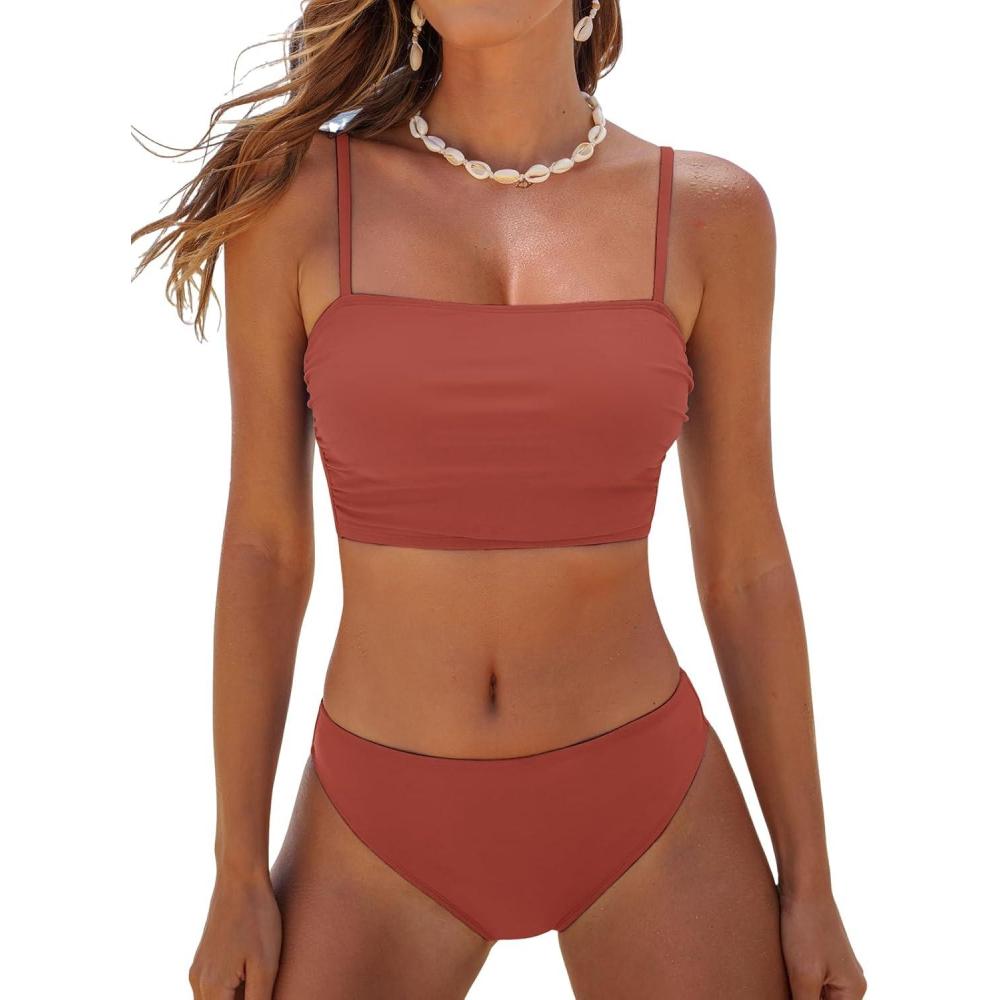 imageCUPSHE Womens Bikini Sets Two Piece Swimsuit Bandeau Top Square Neck Mid Rise Ruched Bathing Suit Spaghetti StrapsBrick Red