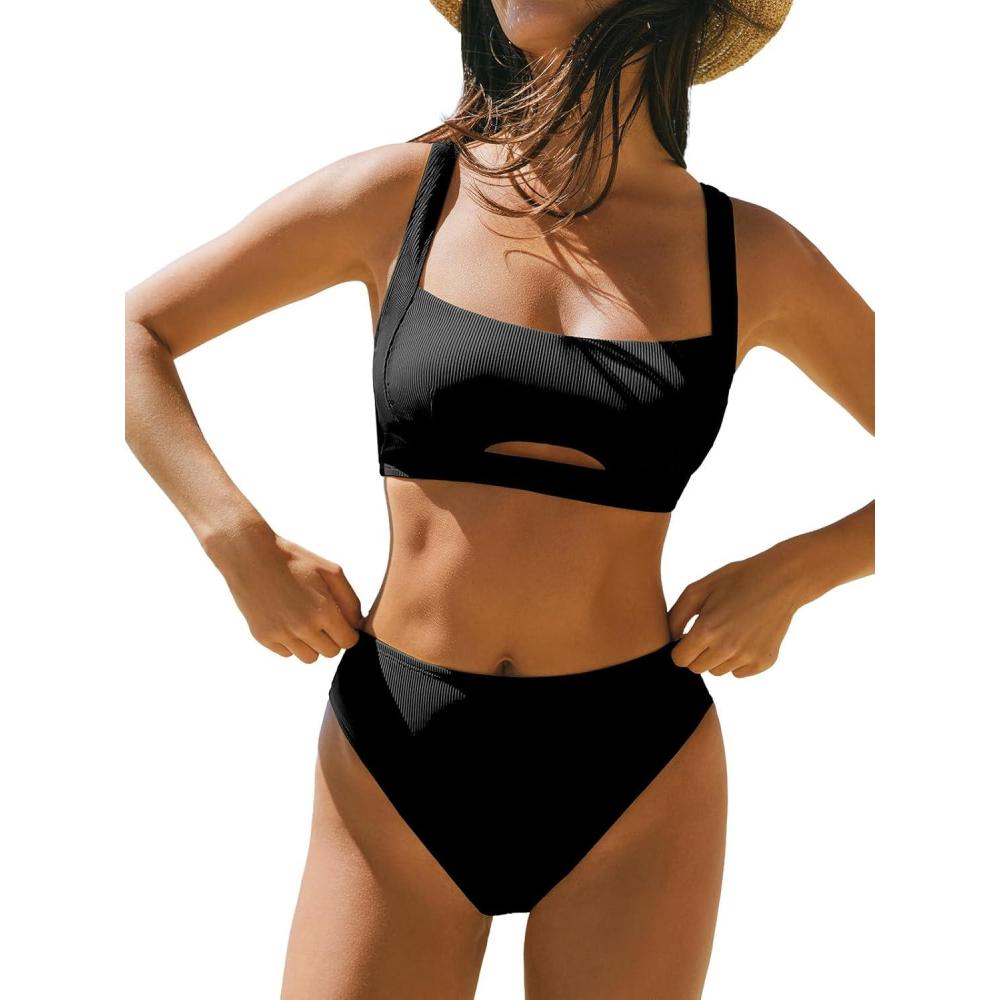 imageCUPSHE Womens Bikini Sets Two Piece Swimsuit Square Neck High Waisted Textured Cut Out Adjustable StrapsBlack