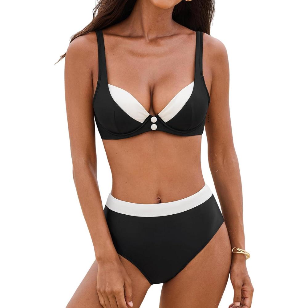 imageCUPSHE Womens Bikini Sets Two Piece Swimsuit Underwire High Waisted Bathing Suit Back Hook Color BlockBlackBeige