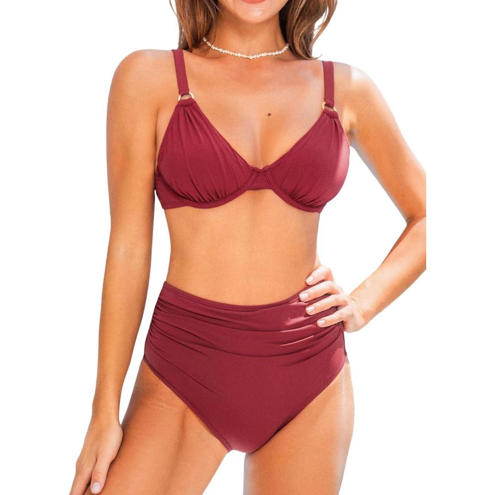 imageCUPSHE Womens Bikini Sets Two Piece Swimsuit Underwire V Neck High Waisted Ruching Adjustable Straps Back TieDark Red