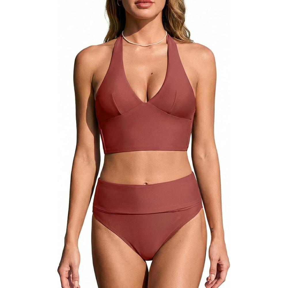 imageCUPSHE Womens Bikini Sets V Neck High Waisted Two Piece Swimsuit Halter Back Self Tie Bathing SuitBurgundy Red