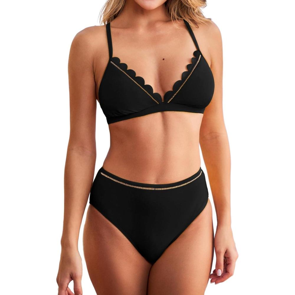 imageCUPSHE Womens Bikini Sets V Neck Two Piece Swimsuit Scallop Bralette Ladder Trim Crisscross Bathing SuitBlack