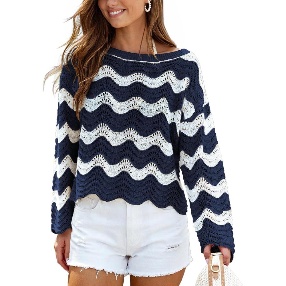 imageCUPSHE Womens Crochet Cover Up Long Sleeve Striped Beach Cover Up Top Summer Casual Knit Tops for SwimwearTop OnlyBlue Stripes