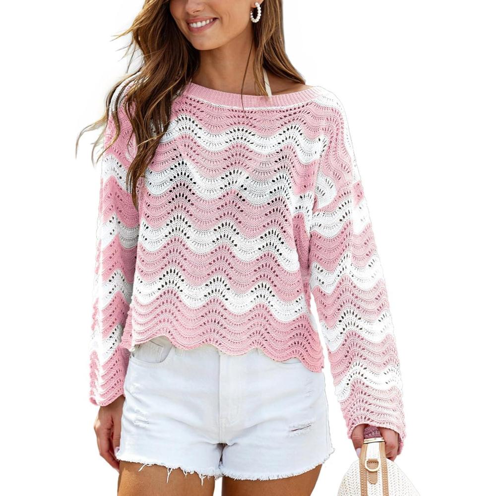 imageCUPSHE Womens Crochet Cover Up Long Sleeve Striped Beach Cover Up Top Summer Casual Knit Tops for SwimwearTop OnlyPink Stripes