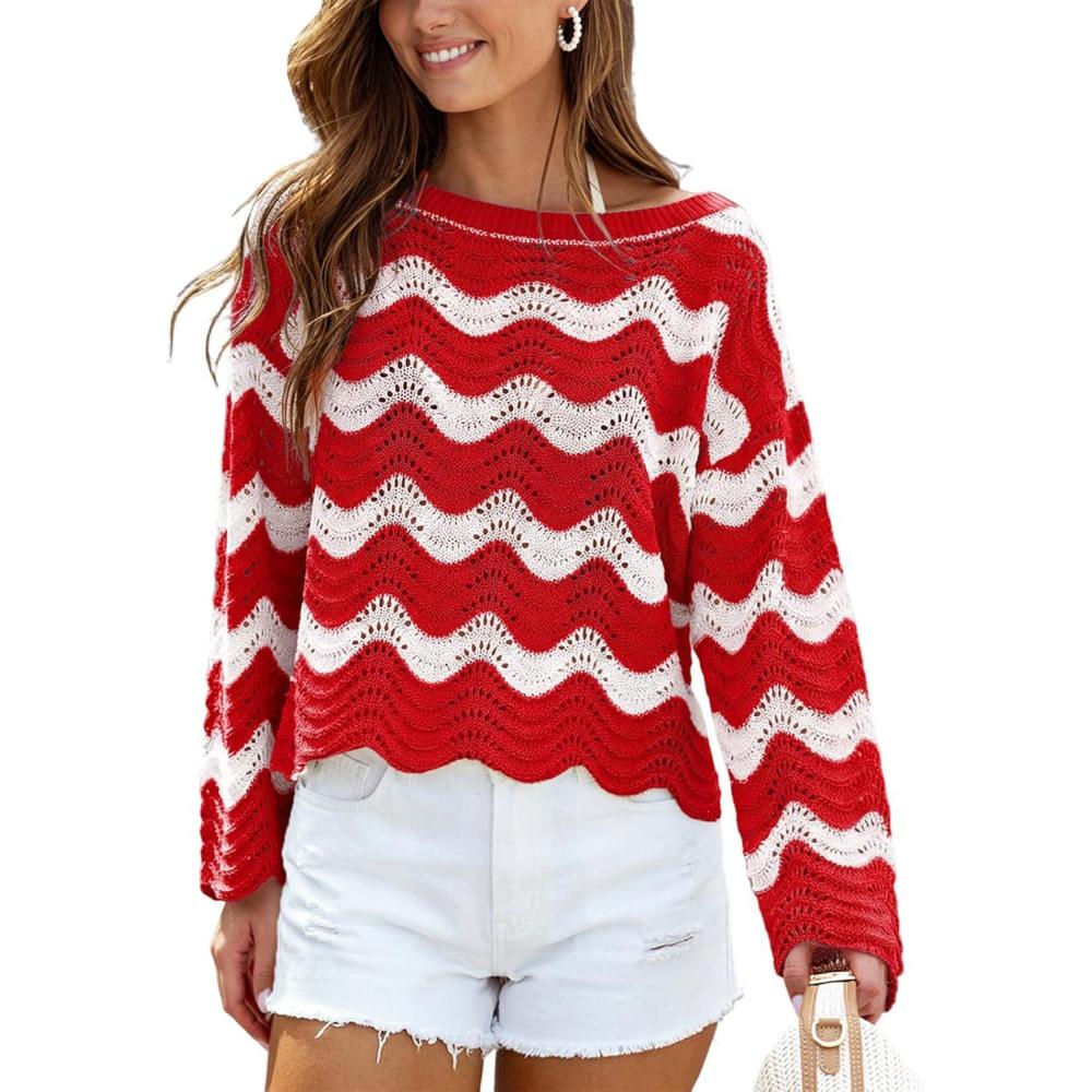 imageCUPSHE Womens Crochet Cover Up Long Sleeve Striped Beach Cover Up Top Summer Casual Knit Tops for SwimwearTop OnlyRed Stripes